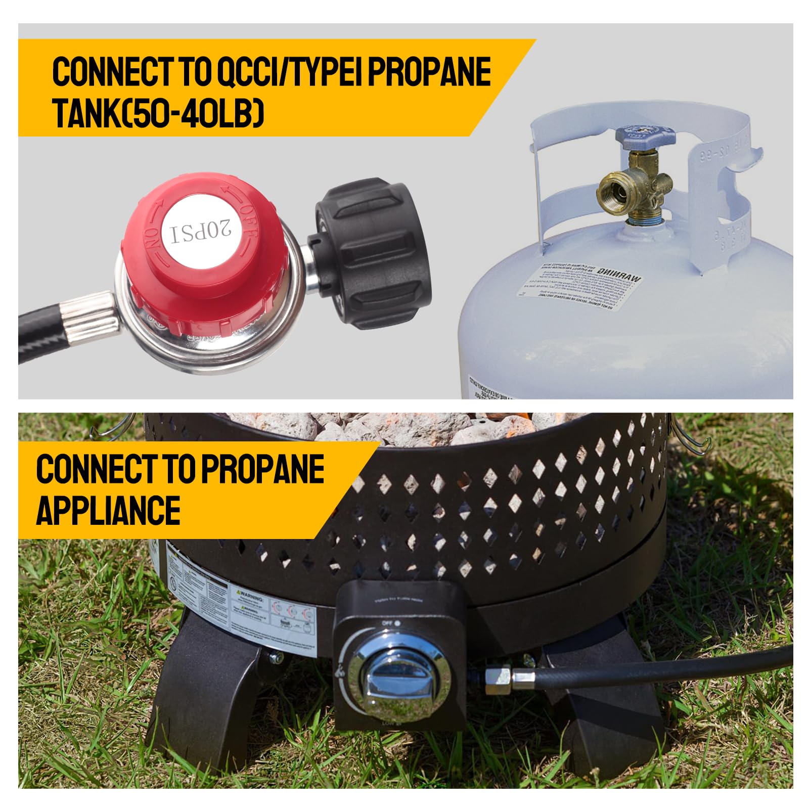 Onlyflame 12FT High Pressure 0-20 PSI Adjustable Propane Regulator and Hose - Grill Connector with Hose for Tabletop Grill, Fire Pit, Turkey Fryer and More