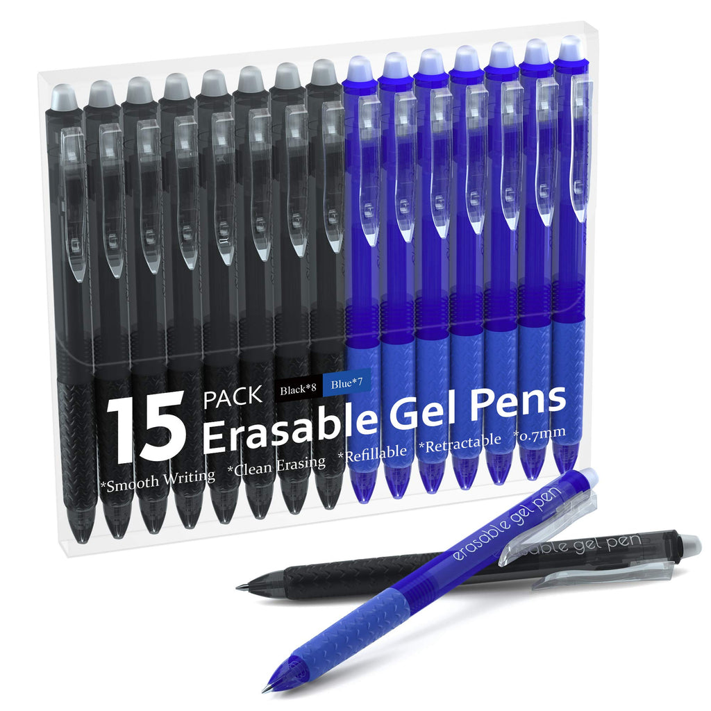Erasable Gel Pens, 15 Pack Retractable Erasable Pens Clicker, Fine Point, Make Mistakes Disappear, 8 Black 7 Blue Inks for Writing Planner and Crossword Puzzles