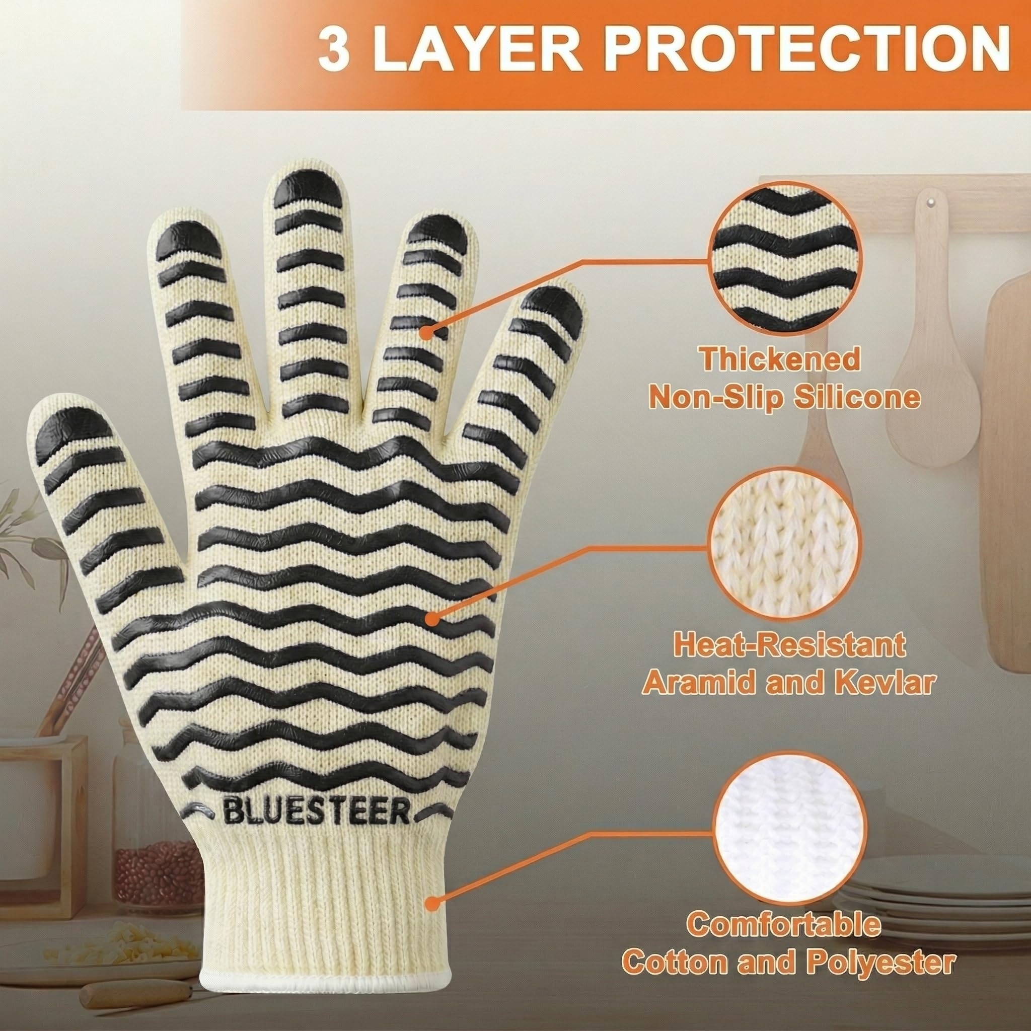 Oven Gloves, 932°F Heat Resistant Gloves, Oven Mitts with Fingers, Grill Gloves Heat Proof for Men Women, BBQ Gloves Silicone Grip, BLUESTEER Fireproof Gloves for Kitchen Cooking, Grilling, Baking