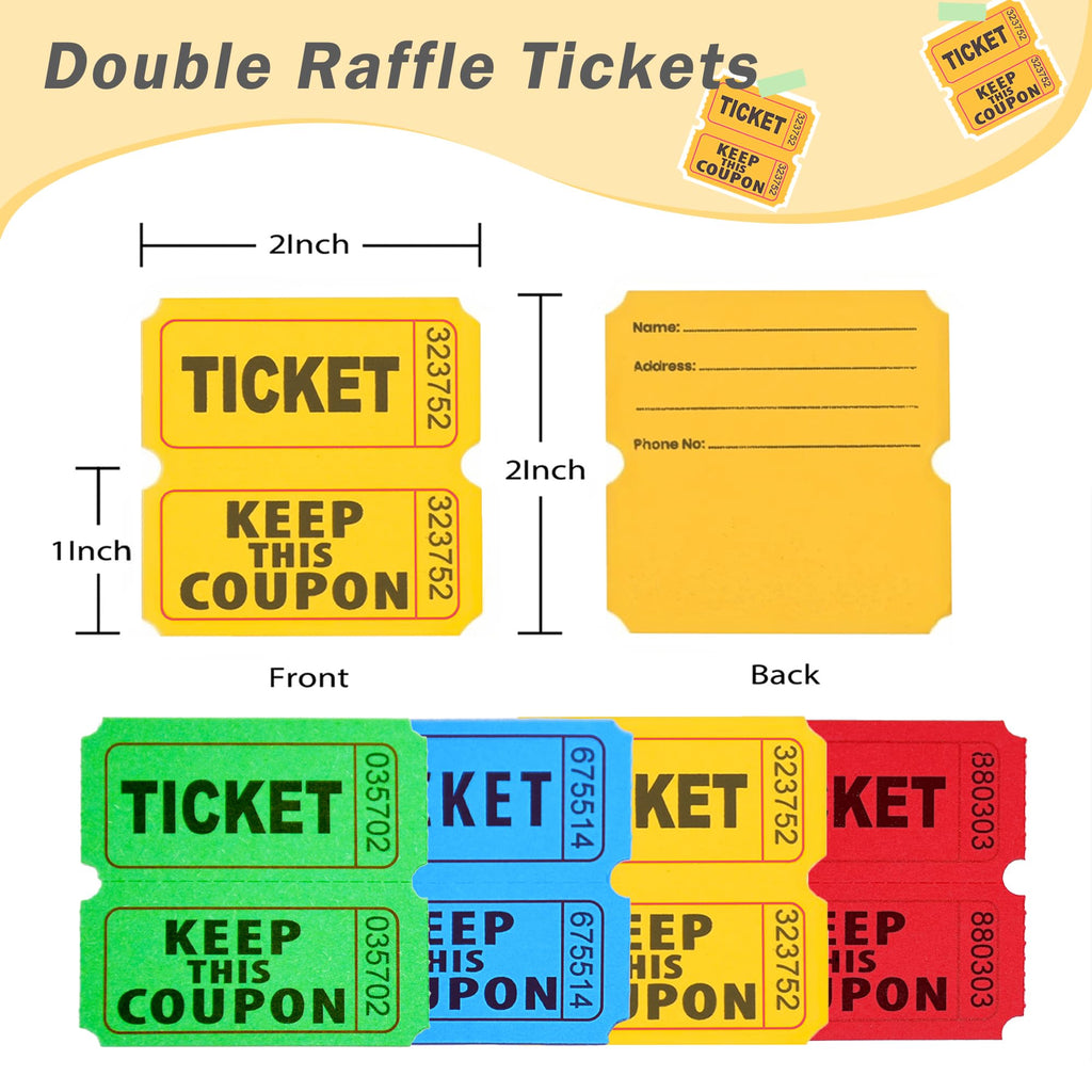 Homrelaxy 4800 Double Raffle Tickets, 1200 Tickets Per Roll, Assorted 50/50 Raffle Tickets Roll, for Events, Entry, Carnivals, and Door Prizes (Blue/Red/Green/Yellow)