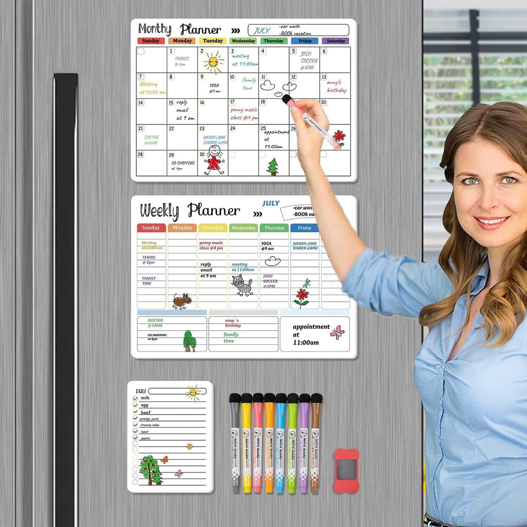 Hivillexun Magnetic Dry Erase Calendar Whiteboard Set (3-Pack) for Fridge, Wall, and Home Organization with Monthly, Weekly & Daily Planners, Includes 8 Markers & 1 Eraser