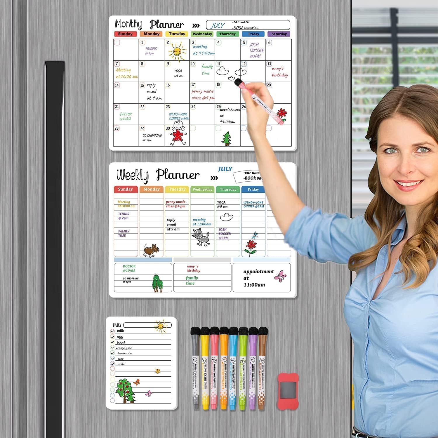 Hivillexun Magnetic Dry Erase Calendar Whiteboard Set (3-Pack) for Fridge, Wall, and Home Organization with Monthly, Weekly & Daily Planners, Includes 8 Markers & 1 Eraser