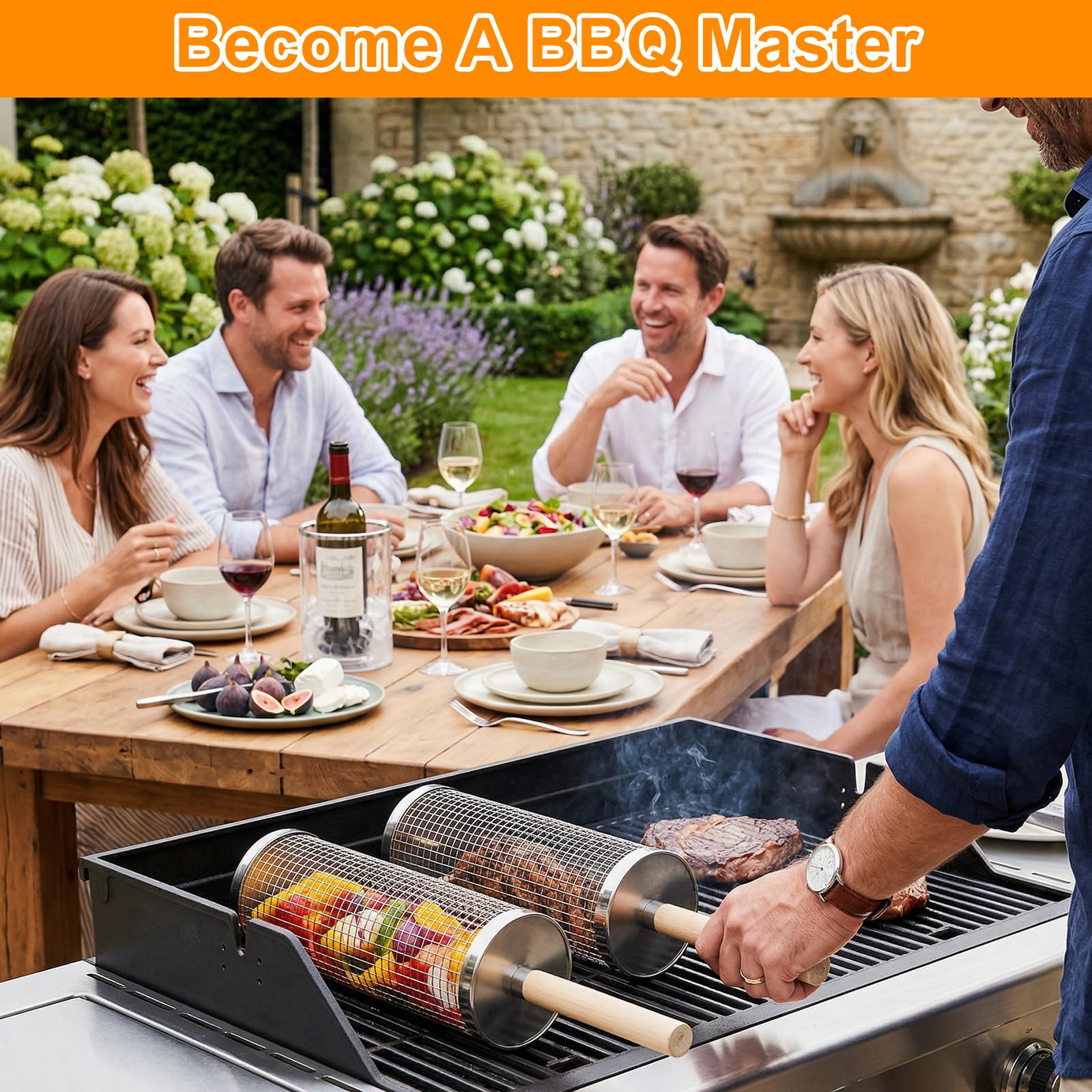 Fohil 2PCS Rolling Grill Baskets with Removable Wooden Handle, 304 Stainless Steel Rotating Grill Cage for BBQ Camping Outdoor, Grilling Basket for Vegetables, Shrimp, Meat, Gift for Men Dad, Husband