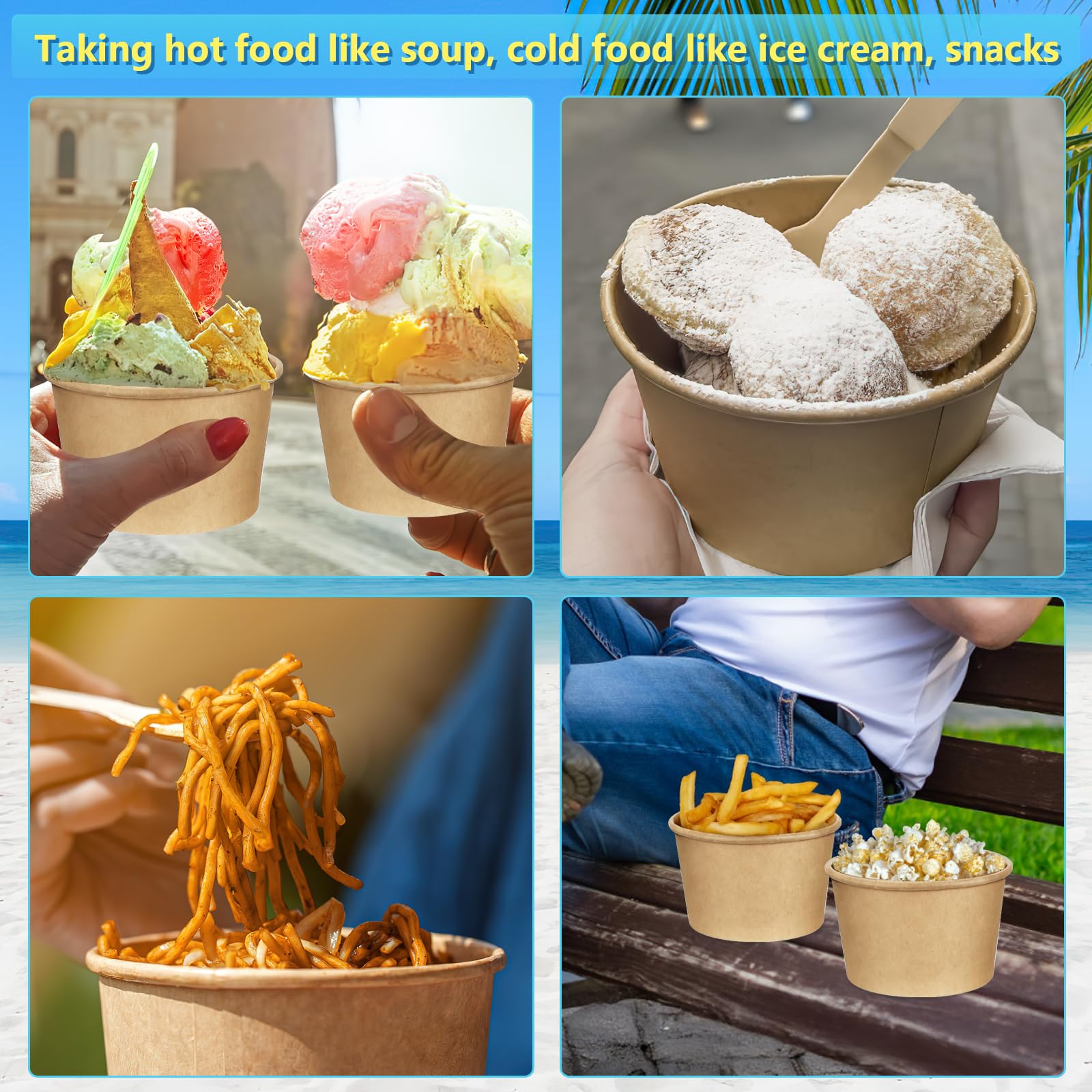 100 Pack Ice Cream Bowls, Kraft Paper Dessert Cups with Wooden Spoons, Disposable Sundae Bowls, Ice Cream Containers for Cold and Hot Food, Sundae Bar, Birthday, Graduation, Party Supplies