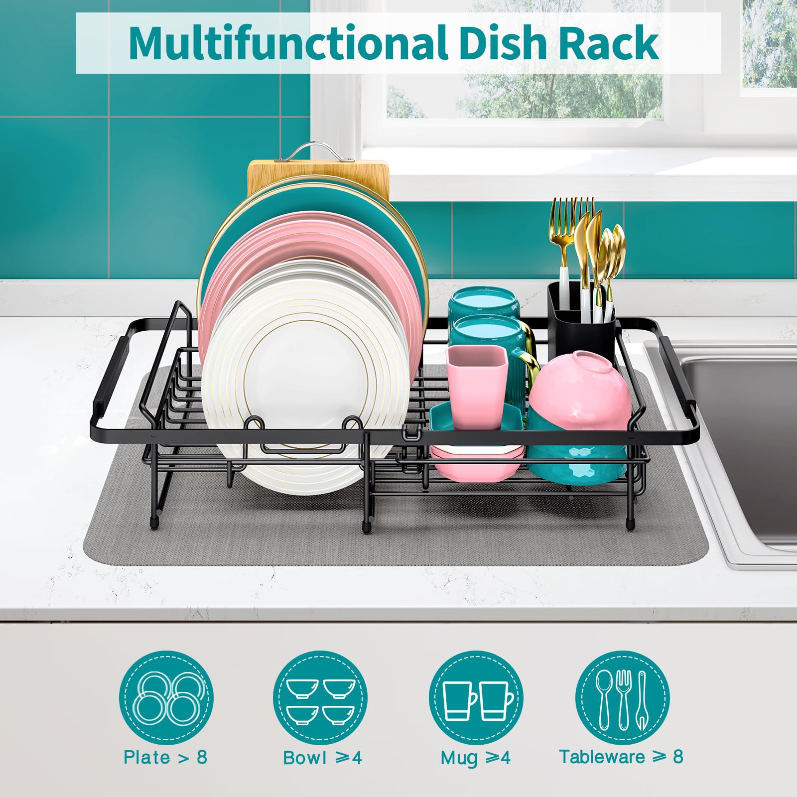 Urackify Expandable Dish Drying Rack Over The Sink, Adjustable Dish Rack in Sink, Rustproof Dish Drainer for Kitchen Counter, Dish Strainer with Utensil Holder