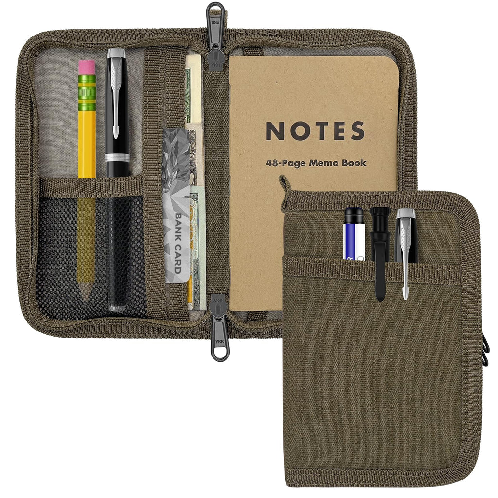 WIKSRY Journal Cover for Field Notes & Moleskine Cahier with YKK Zipper, 3.5"x5.5" Waxed Canvas Notebook Cover with Pen Holder, Water Resistant Travel Planner Cover for Daily Use (Olive)