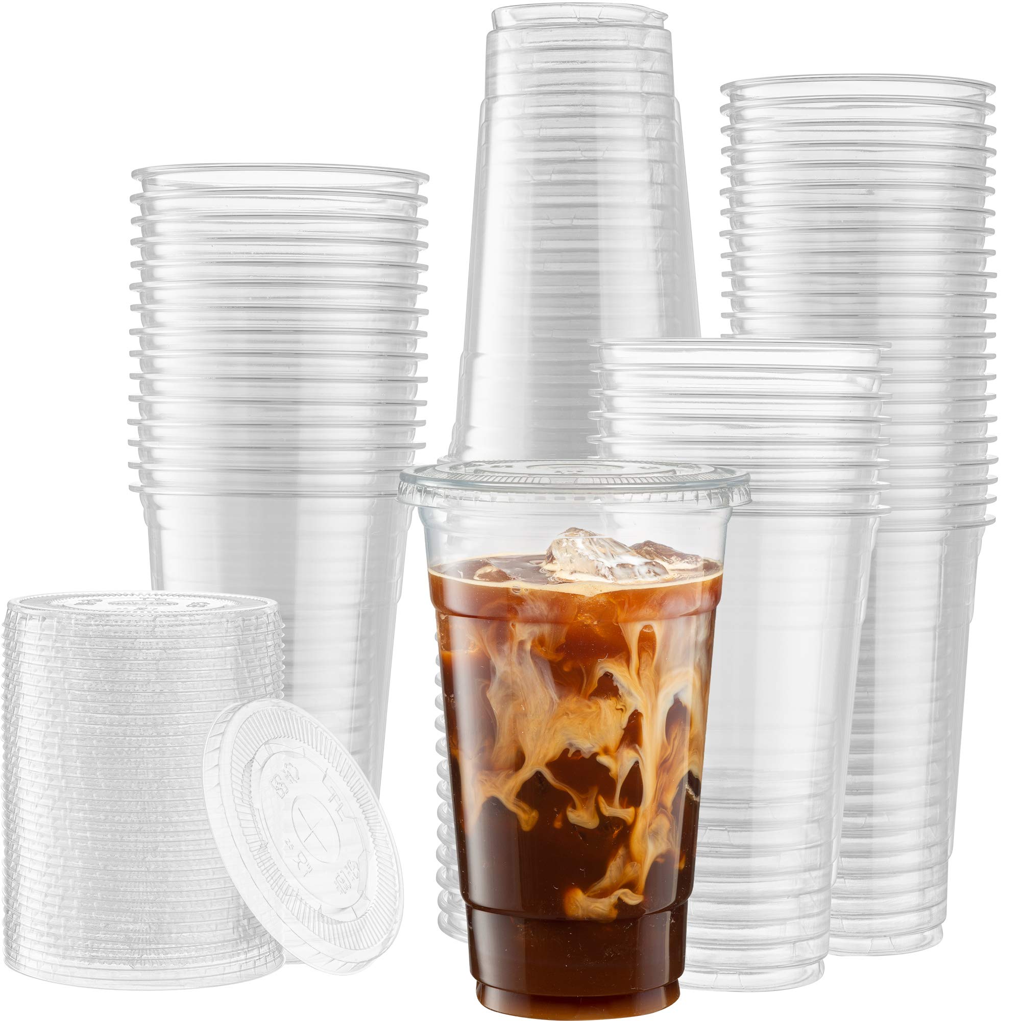 ELEGANT DISPOSABLES Crystal Clear PET Cups With Flat lids for Iced Coffee (24 oz)