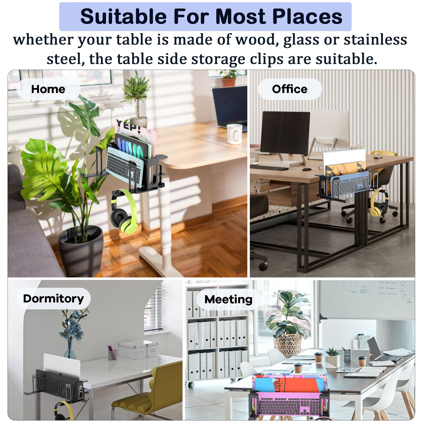 ROLIZOE 6 in 1 Adjustable Under Desk Laptop Holder with Keyboard Tray & Headphone Stand No Drilling Clamp On Magazine File Holder Vertical Laptop Stand Desk Side Storage Fits Up to 4.5cm Table Thick