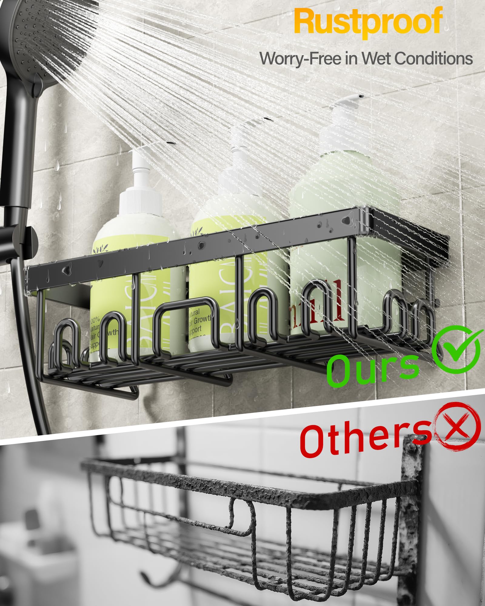 Shower Caddy 6 Pack, Adhesive Bathroom Shower Organizer for Bathroom Storage, No Drilling Large Capacity Rustproof Stainless Steel Bath Shelves Rack for Bath, Black