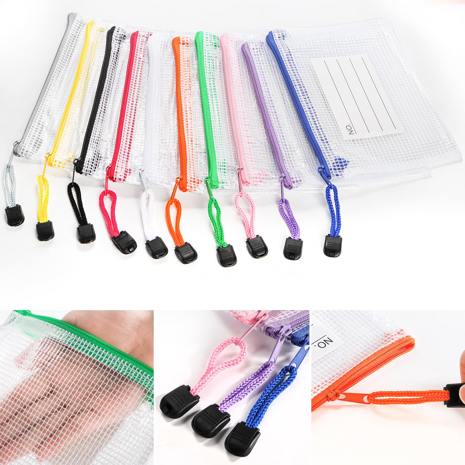 Hedume 30 Pcs 10 Colors Small Zipper Mesh Pouch with Label Pocket, A6 Size 6.3 x 4.7 Inches Waterproof Zip Mesh Bag, Plastic Mesh Zipper Pouch for School Office Supplies, Cosmetics Travel Accessories