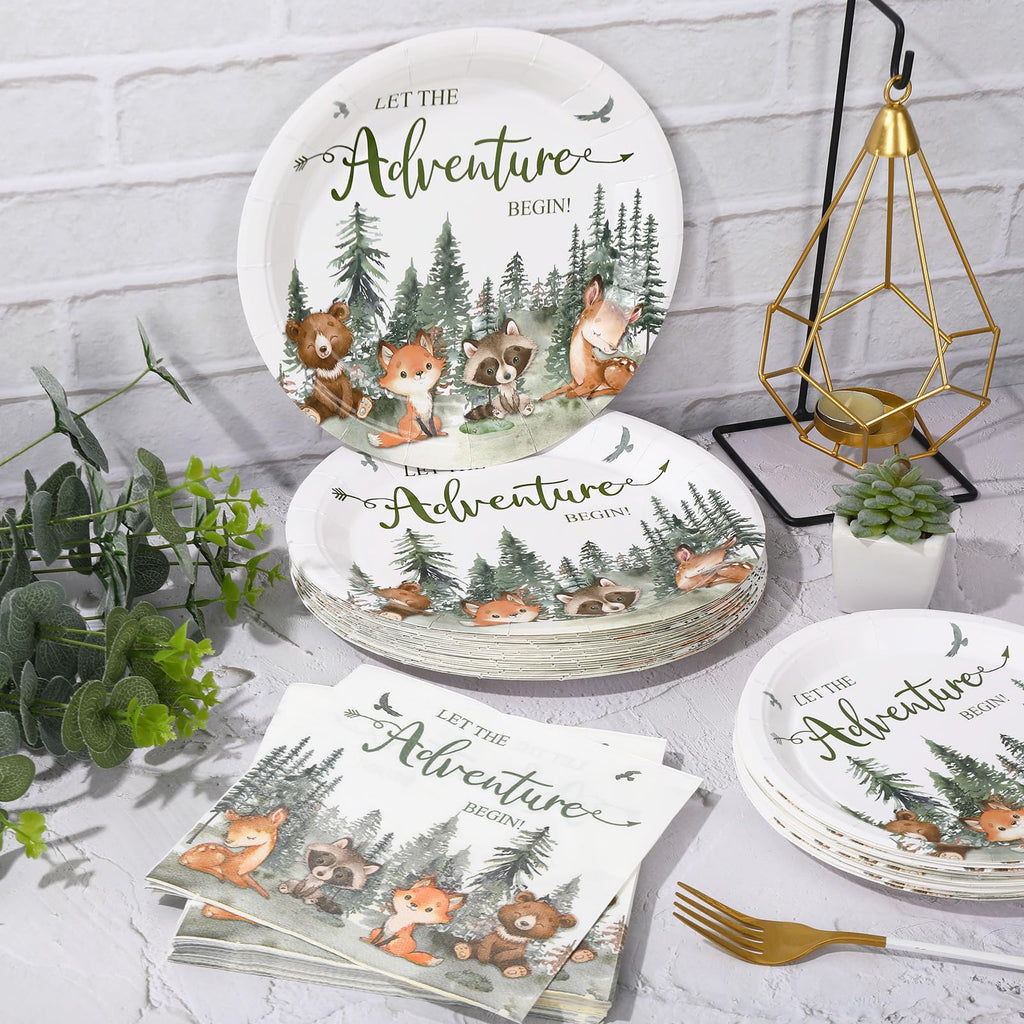 Whaline 72Pcs Adventure Awaits Party Supplies - Baby Shower Plates & Napkins - Woodland Animals Pattern - Disposable Tableware - 24 Guests - Paper Material - Casual Nature-Inspired Style