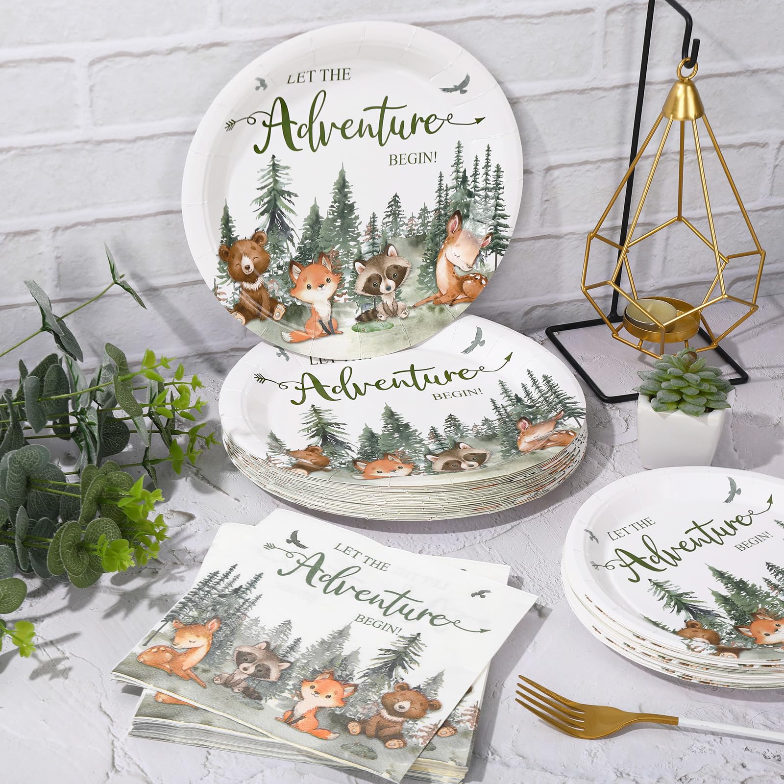Whaline 72Pcs Adventure Awaits Party Supplies - Baby Shower Plates & Napkins - Woodland Animals Pattern - Disposable Tableware - 24 Guests - Paper Material - Casual Nature-Inspired Style