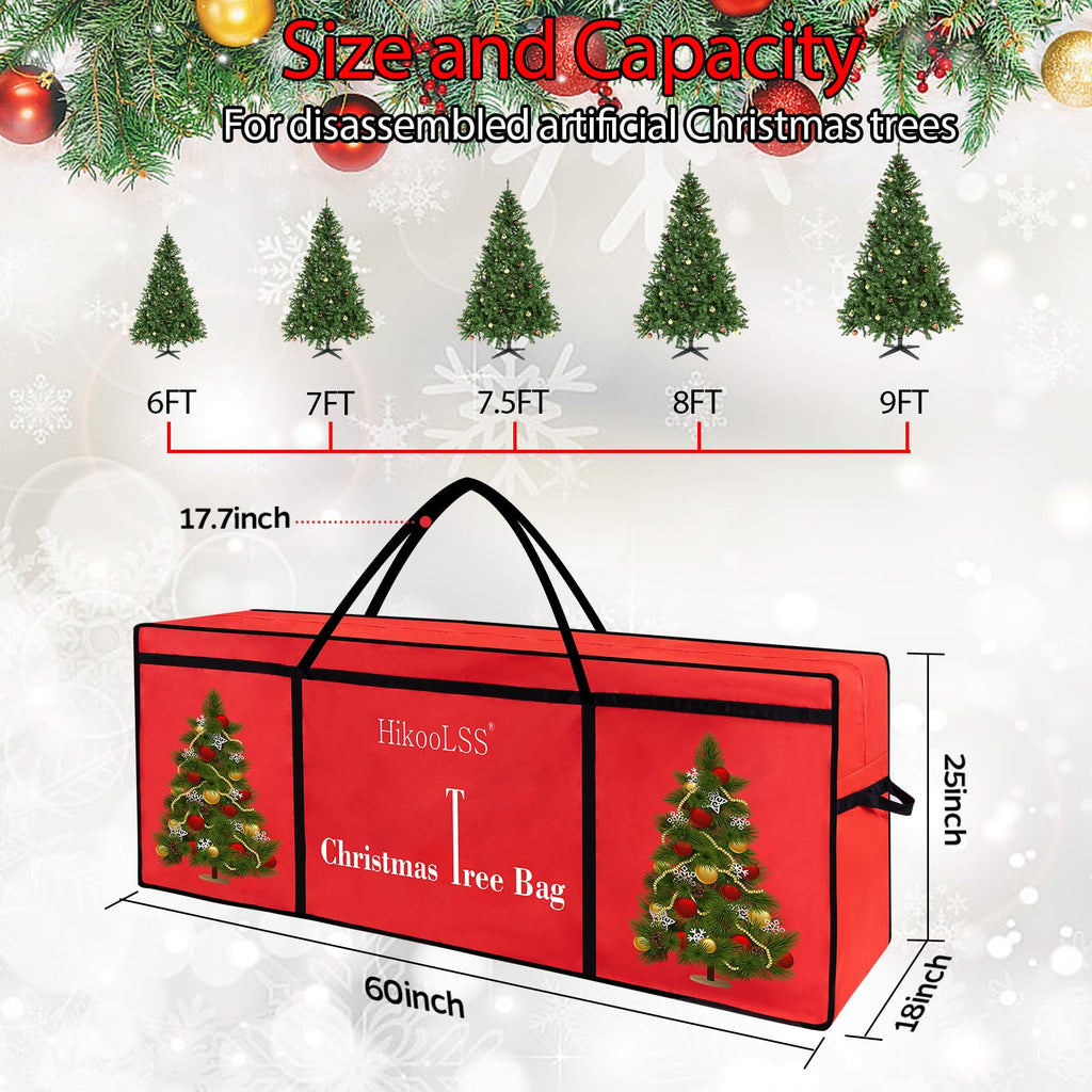 HikooLSS Christmas Tree Bags Storage 7.5 Ft Large Christmas Tree Storage Bag,Reusable Heavy Duty 600D Oxford Christmas Tree Box/Container for Big Artificial/Holiday Trees Red(60X18X25in)