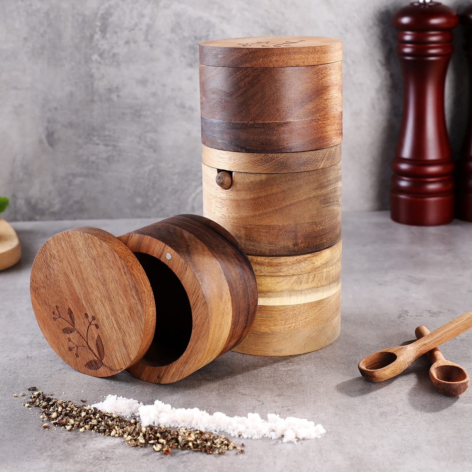 DGYLL Acacia Wood Salt Container with Spoon Keeper Salt Box Spice Storage Box Condiment Pot Sugar Bowl with Spoon and swiveling lid Size: 3.5DIA x 2.5H inch (1pc no Pattern/w Spoon)