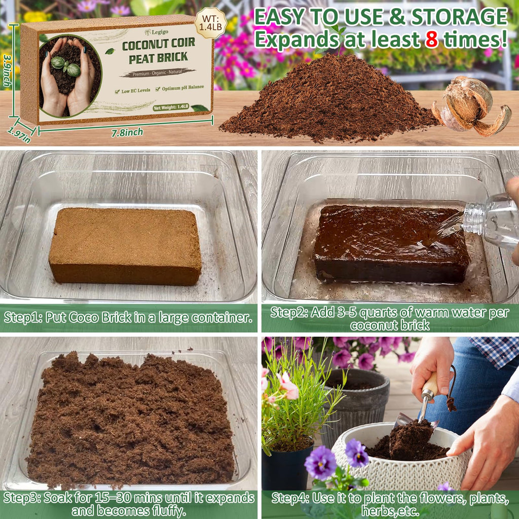 Legigo 2 Pack Premium Coco Coir Brick for Plants- 100% Organic Compressed Coconut Coir Fiber Bricks Starting Mix, Coconut Husk for Planting, Gardening, Potting Soil Substrate, Herbs