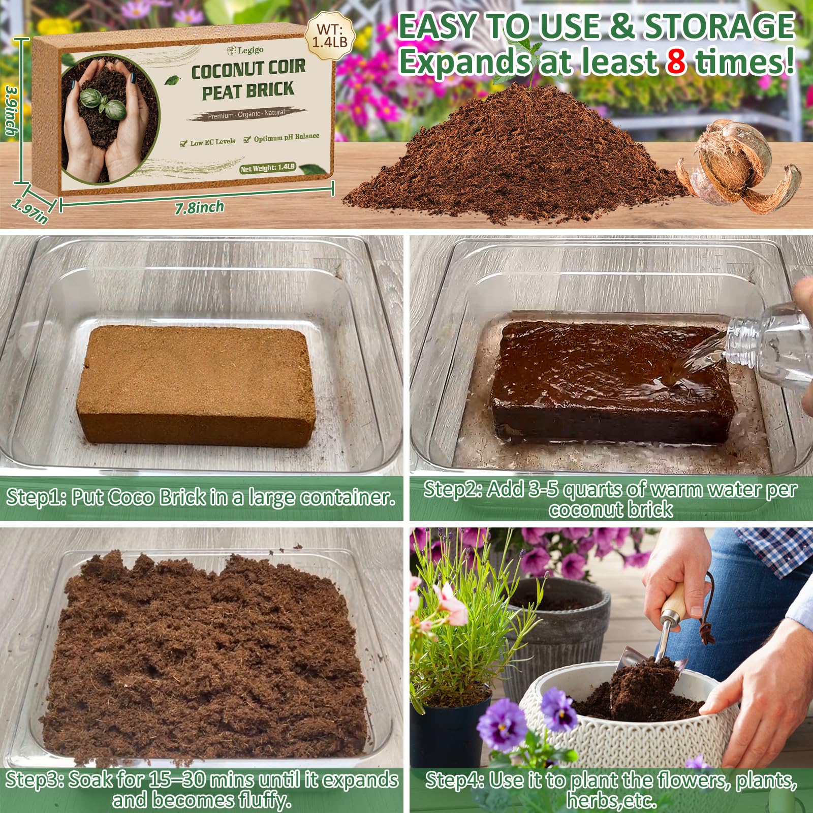Legigo 2 Pack Premium Coco Coir Brick for Plants- 100% Organic Compressed Coconut Coir Fiber Bricks Starting Mix, Coconut Husk for Planting, Gardening, Potting Soil Substrate, Herbs