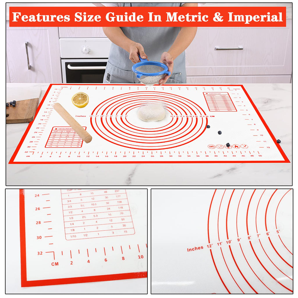 Extra Large Silicone Baking Mat with Measurements for Rolling Dough, Non Slip Pastry Mat Nonstick Oven Mats Various Size for Baking Pizza Bread Cakes (Red, 23.6x31.5 inch)