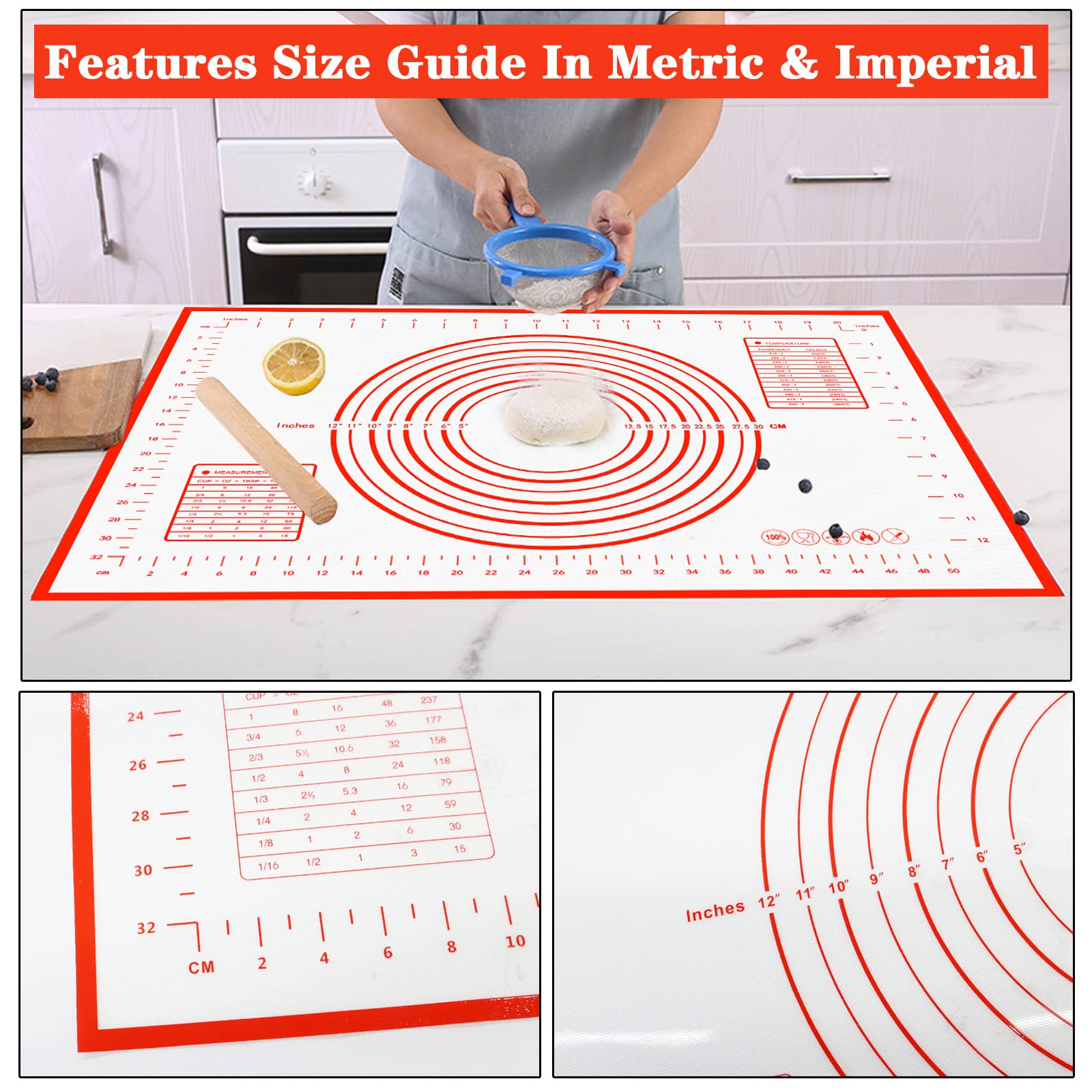 Extra Large Silicone Baking Mat with Measurements for Rolling Dough, Non Slip Pastry Mat Nonstick Oven Mats Various Size for Baking Pizza Bread Cakes (Red, 23.6x31.5 inch)