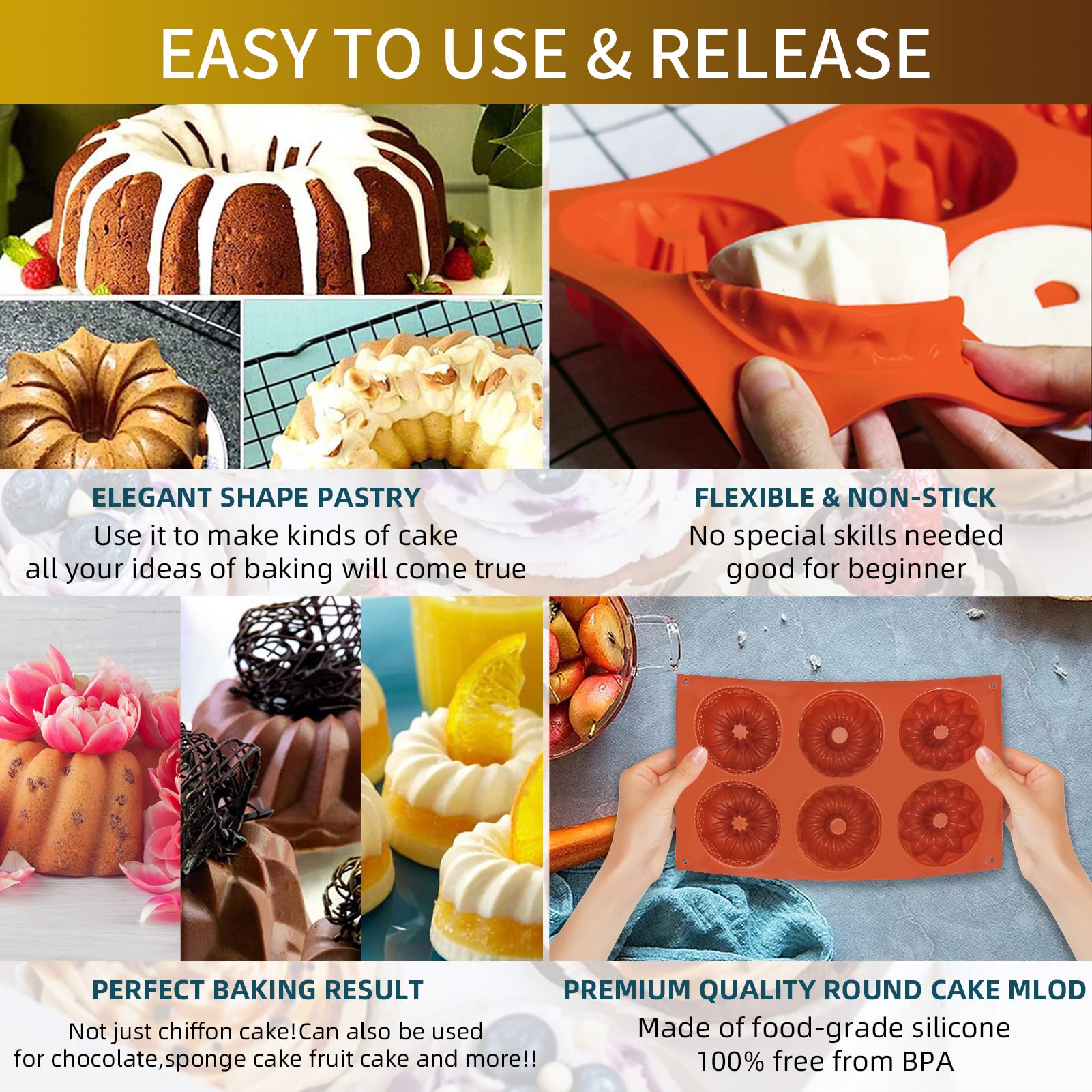 Mini Donut Pan 3 Pack, Non-Stick Silicone Baking Molds for Cupcakes, Bundt Cakes, Brownies, and Jello (Brick Red)