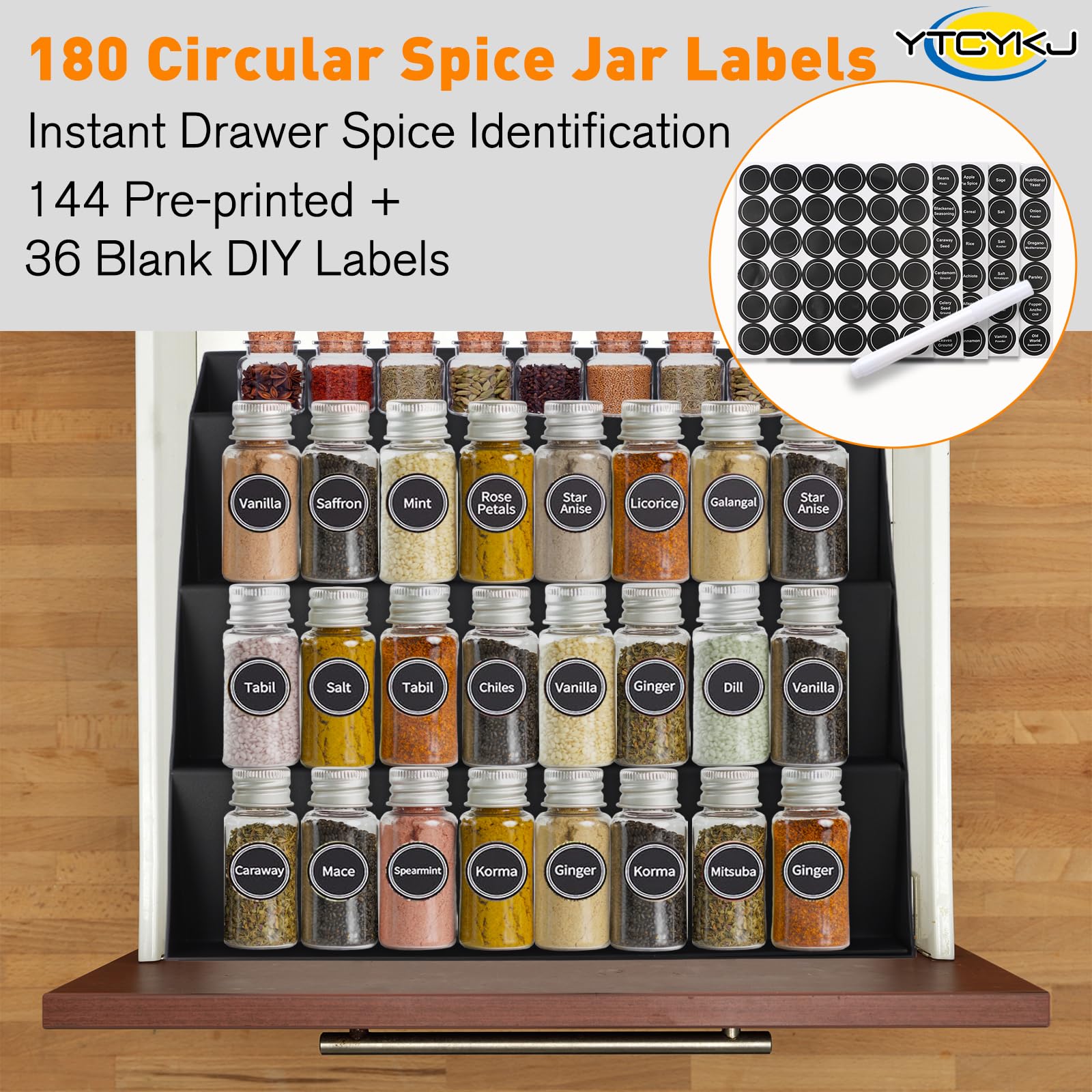 Spice Drawer Organizer with 180 Labels,4 Tier 2 Pack Drawer Seasoning Organizer with Guardrail,Spice Rack Organizer Expandable from 30 cm to 60 cm for Kitchen Drawers,Cabinets,Countertop