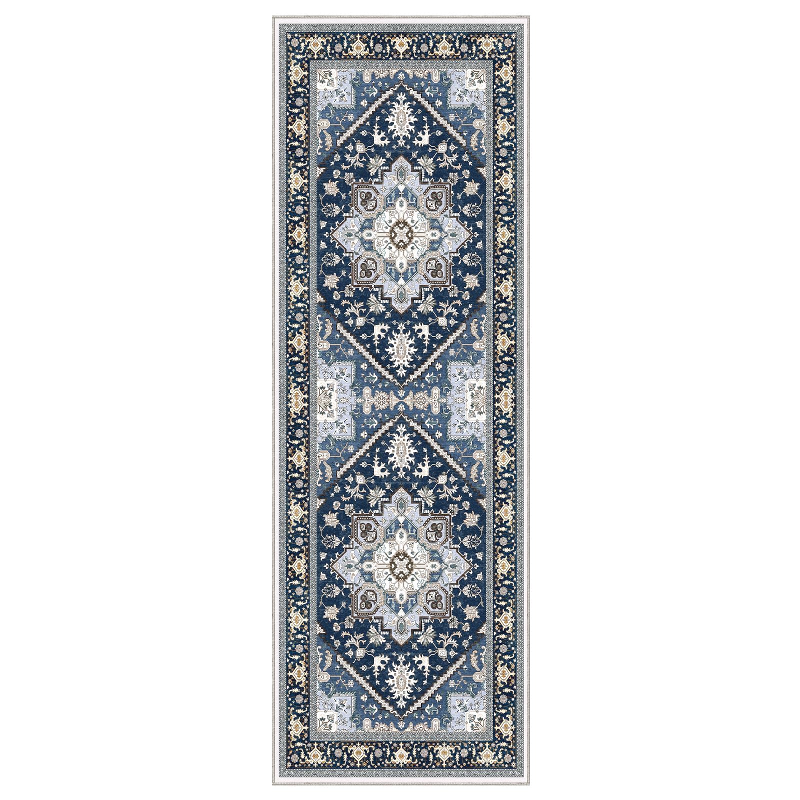 OPPODREAM Soft Entryway Rug 2x6, Rug Runner, Washable Hallways Carpet 2 x 6 with Non Slip Backing, Low-Pile Bedside Carpet 2 x 6, Long, Faux Cashmere, Navy Blue & Gold
