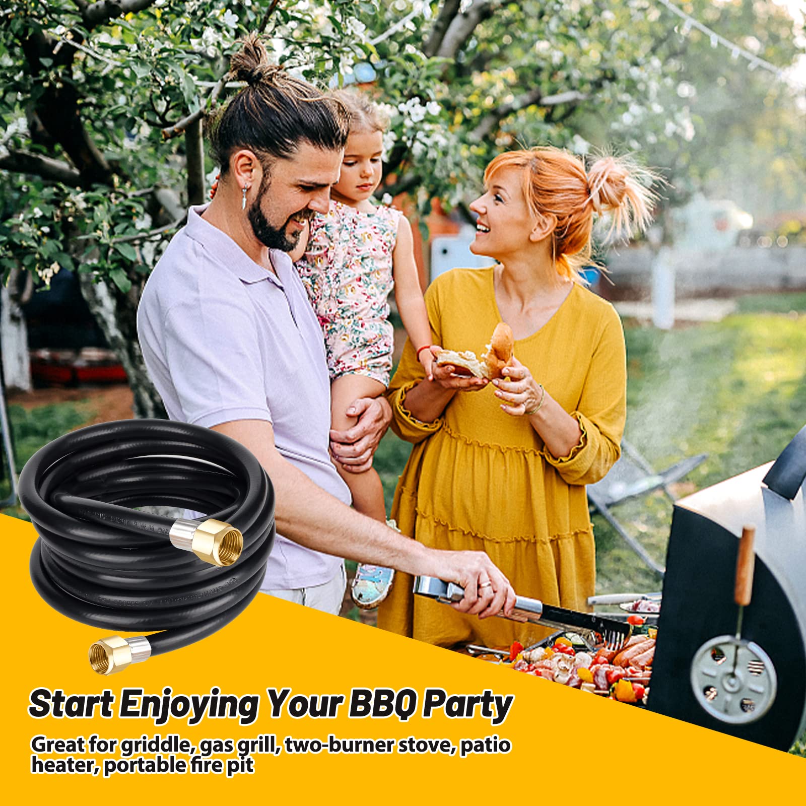 Bbcuepro 12FT Propane Hose Assembly with Both 3/8" Female Flare for Most Gas Grill, RV, Heater, Generator, Fire Pit and More - Propane Hose Extension