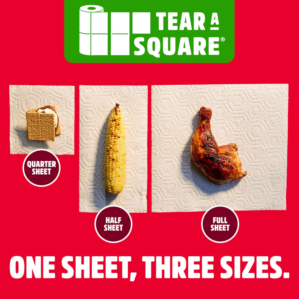 Brawny Tear-A-Square 3-Ply Paper Towels, 2 Double Rolls = 4 Regular Rolls, Strong, Absorbent, and Durable with 3 Sheet Sizes (Quarter, Half, Full)