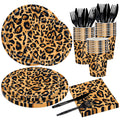 Poqirzan 144PCS Leopard Print Party Supplies Cheetah Print Party Tableware Set Paper Plates Napkins Cups Cutlery for Birthday Shower Baby Shower Jungle Safari Theme Party Decorations Serve 24