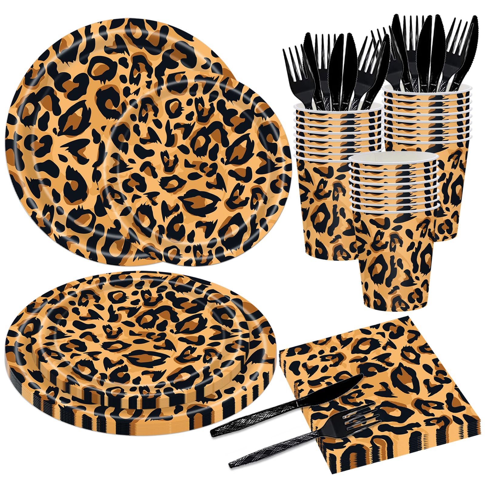 Poqirzan 144PCS Leopard Print Party Supplies Cheetah Print Party Tableware Set Paper Plates Napkins Cups Cutlery for Birthday Shower Baby Shower Jungle Safari Theme Party Decorations Serve 24