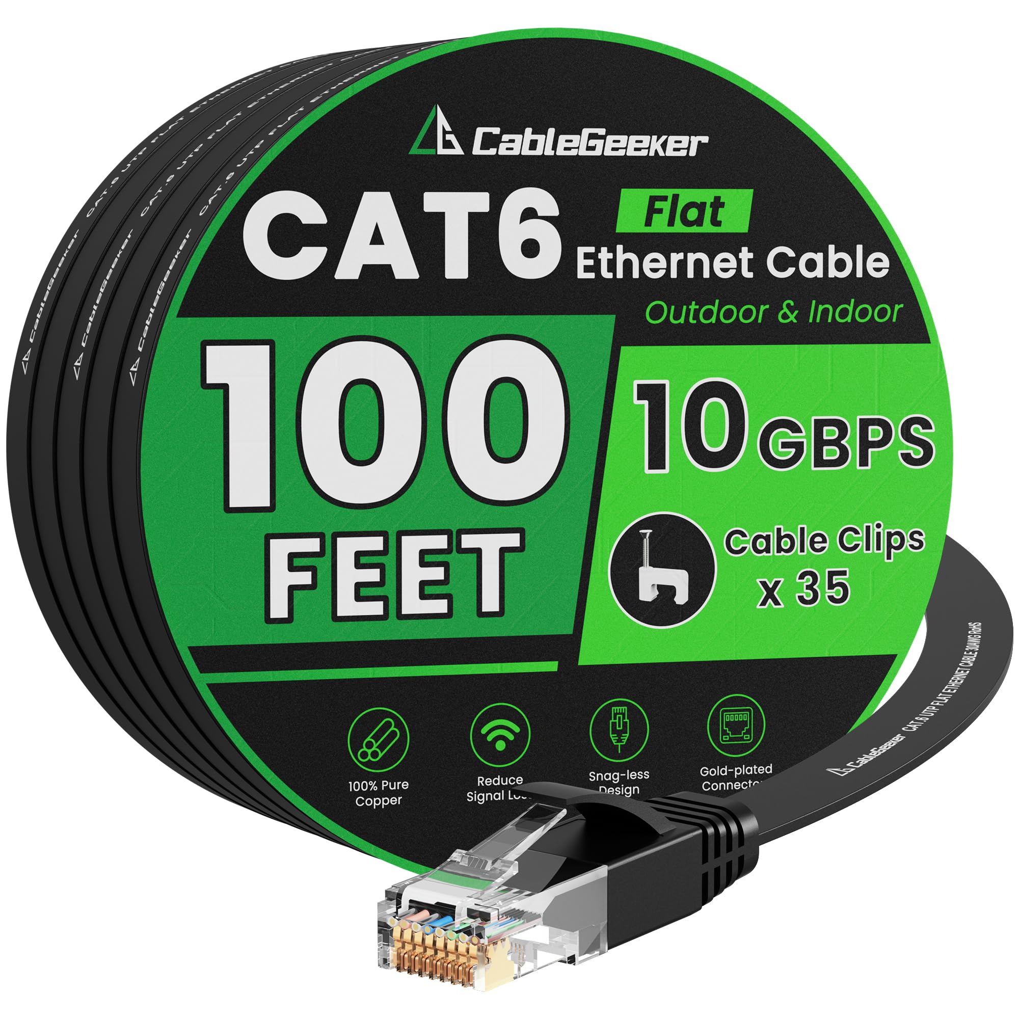 Cat 6 Ethernet Cable Black (at a Cat5e Price but Higher Bandwidth) Cat6 Flat Internet Network Cables - Ethernet Patch Cable - Short Computer LAN Cable with Snagless RJ45 Connectors (100ft)
