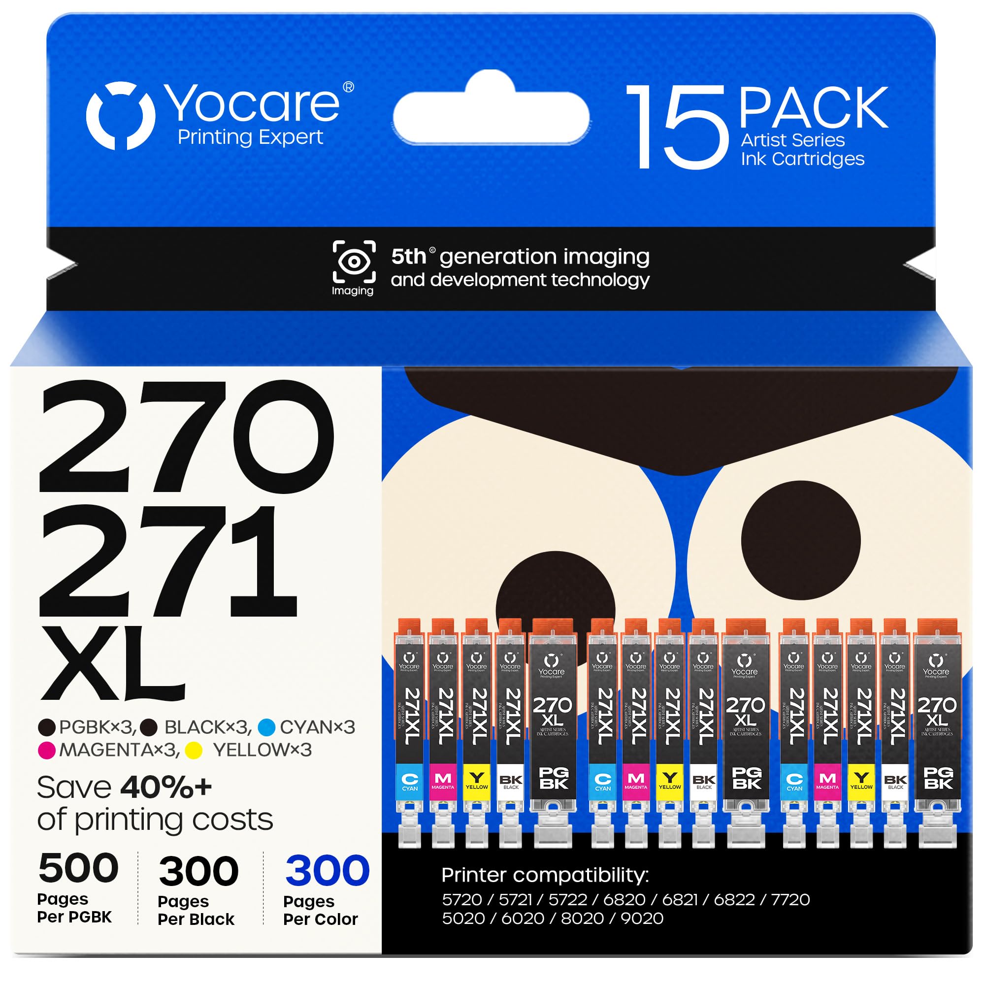 Yocare 15 Pack PGI-270XL CLI-271XL High-Yield Replacement for Canon PGI-270 XL CLI-271 XL Combo Pack to use with MG6821 TS5020 TS9020 (3 PGBK, 3 Black, 3 Cyan, 3 Magenta, 3 Yellow)