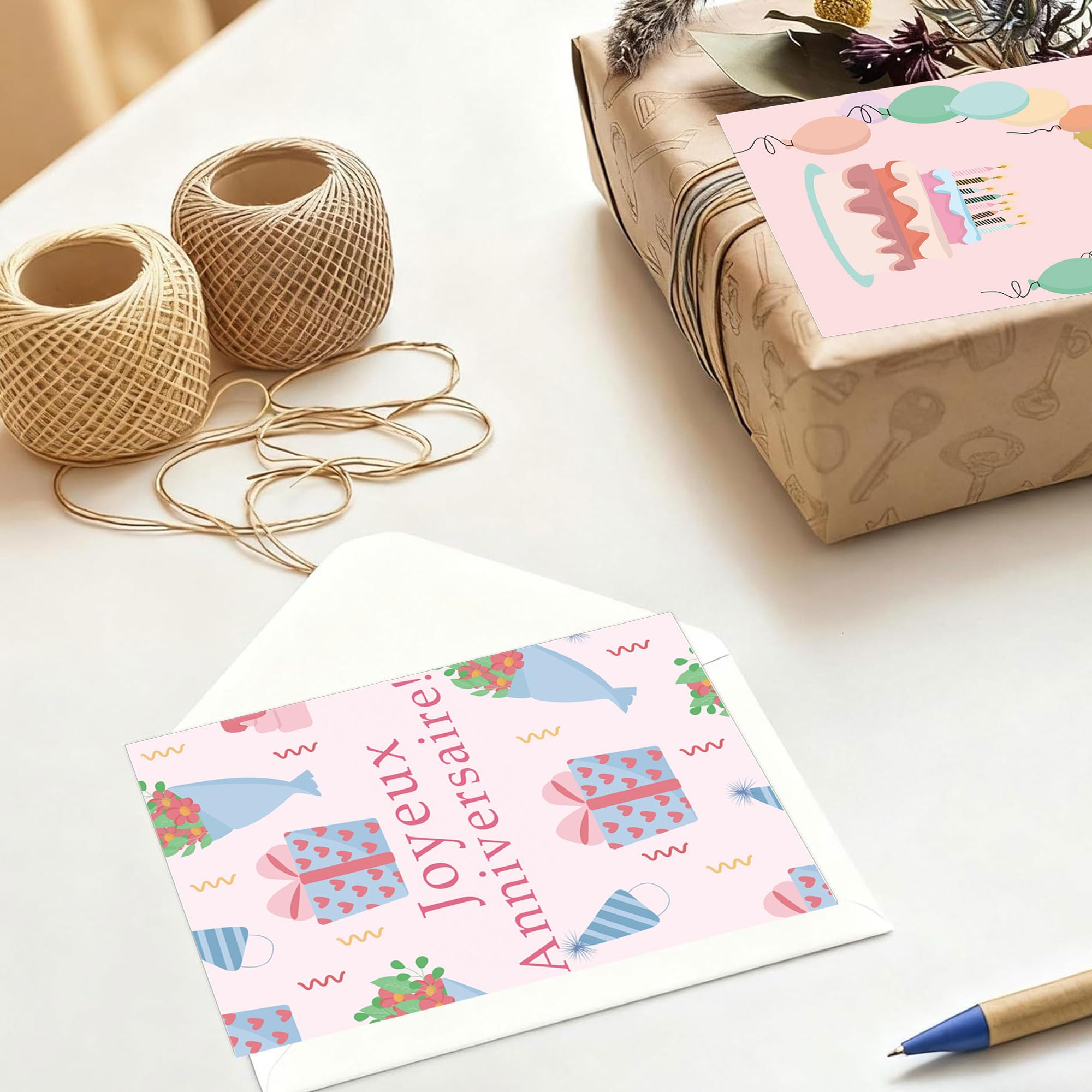 French Birthday Cards with Envelopes 4x6 Inch Watercolor Birthday Thank You Cards 24 Pack Bulk Birthday Card Joyeux anniversaire Greeting Cards for Birthday Party Holiday Baby Shower, Christmas