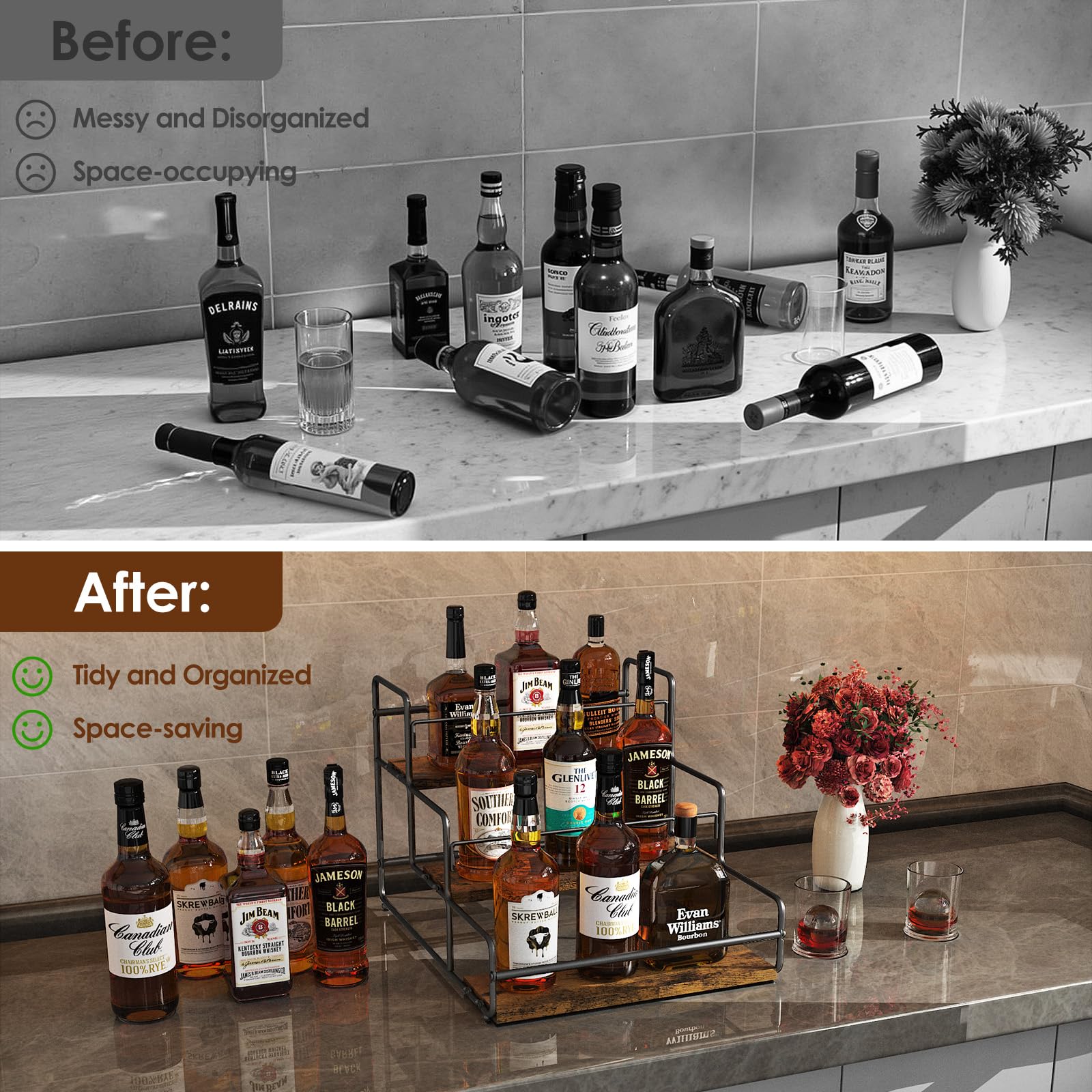 Nuovoware Liquor Bottle Display Shelf, 3 Step Wine Rack Countertop Liquor Shelf, Mini Bar Liquor Cabinet Kitchen Coffee Bar Shelf Stand for Whiskey, Black