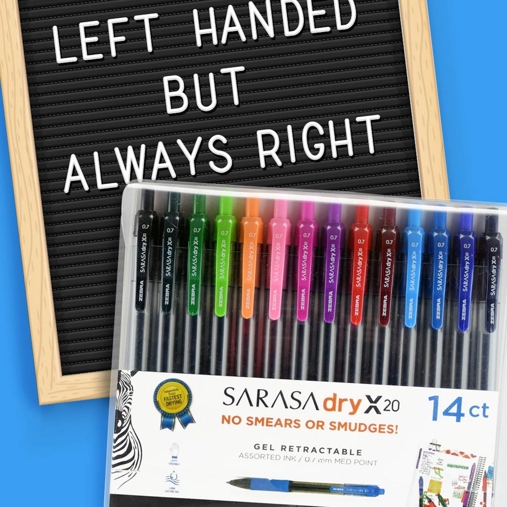 Zebra Pen SARASA Dry X20 Retractable Gel Pens, 0.7mm Medium Point, Assorted Ink Colours with Rapid Fast Dry Ink Technology, Ideal for the Left Handed, Elimates Smearing in Seconds, 14-Pack (46824)