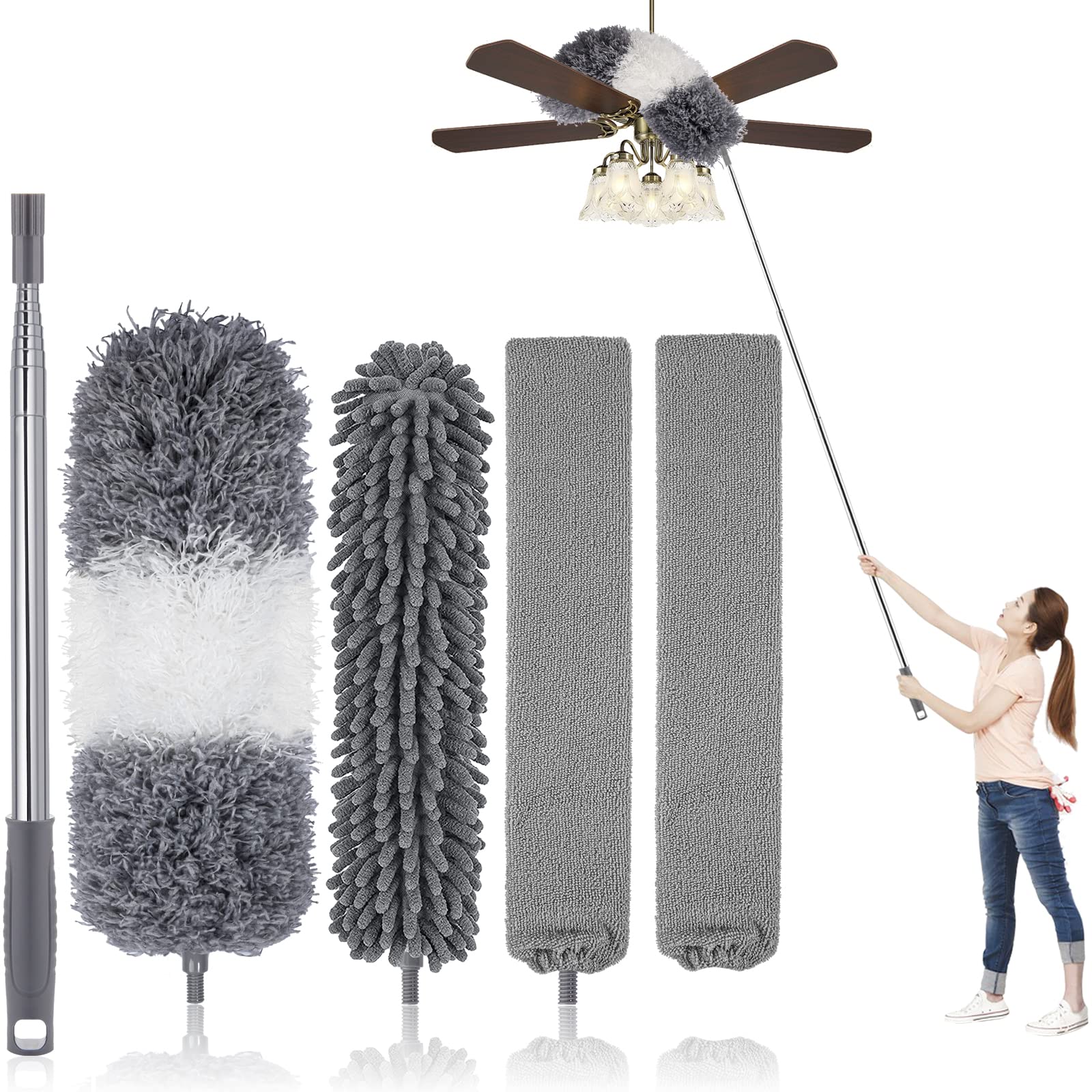 UIMO® Dusters for Cleaning, Retractable Microfiber Gap Dust Cleaner with Extension Pole 30'' to 100'', Reusable Long Handle Feather Duster Kit for Cleaning High Ceiling Fan, Furniture, Blinds