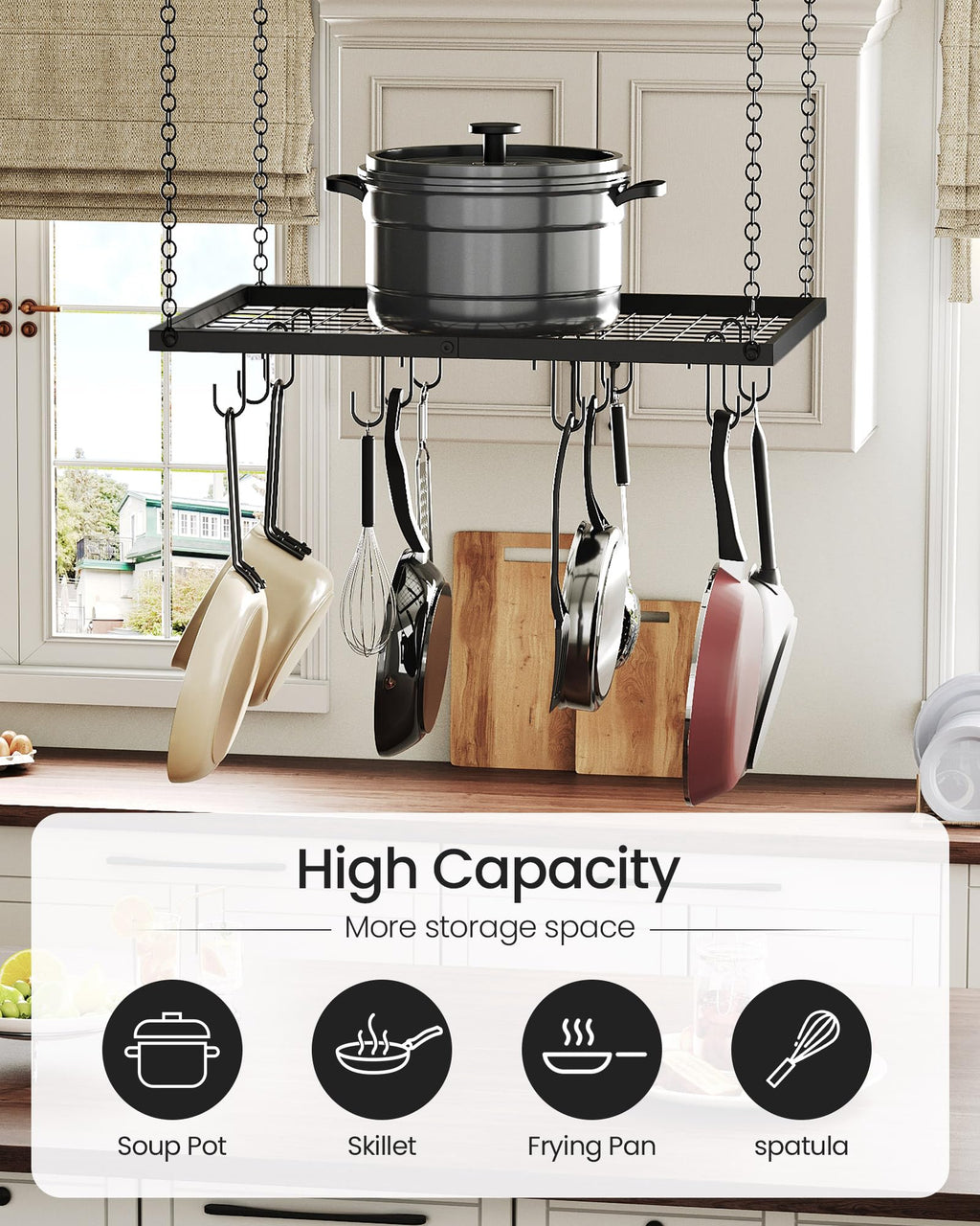 Hanging Pot Rack, Ceiling Mounted Pot Hanger for Kitchen, Metal Cookware Storage Organizer with 12 Hooks, for Storage of Cookware, Utensils in Kitchen, Black TPR03BB