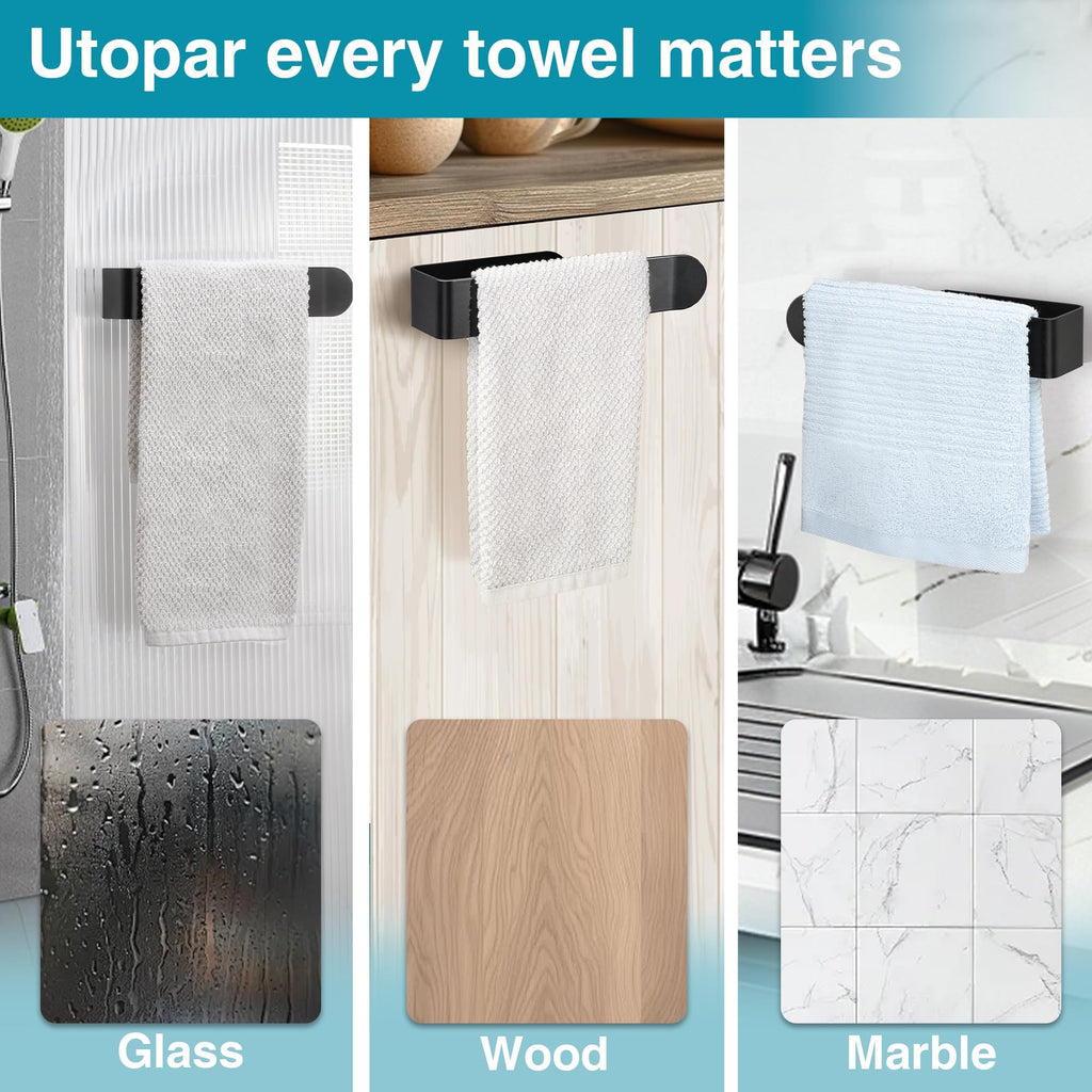 8 Inch 2 Pack Hand Towel Holder, Self Adhesive Towel Bar for Bathroom, Rustproof Aluminum U-Shape Towel Rack Stick on Wall, Black