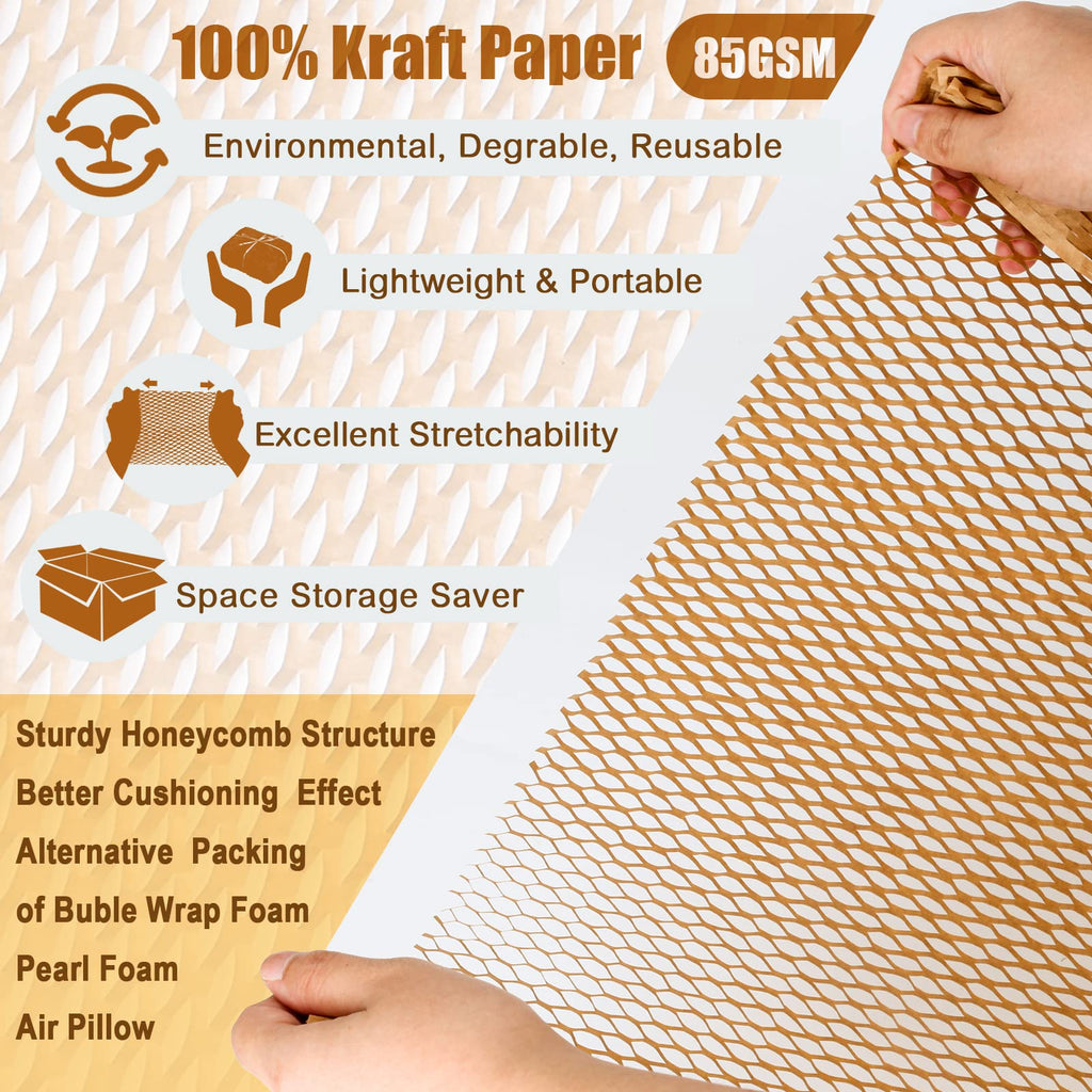 Honeycomb Packing Paper, 204' x 15" Recyclable Cushion Packing Paper for Moving Shipping Packaging Breakables, Eco Friendly Bubble Wrap Alternative Roll Kraft Honeycomb Paper with 20 Fragile Stickers