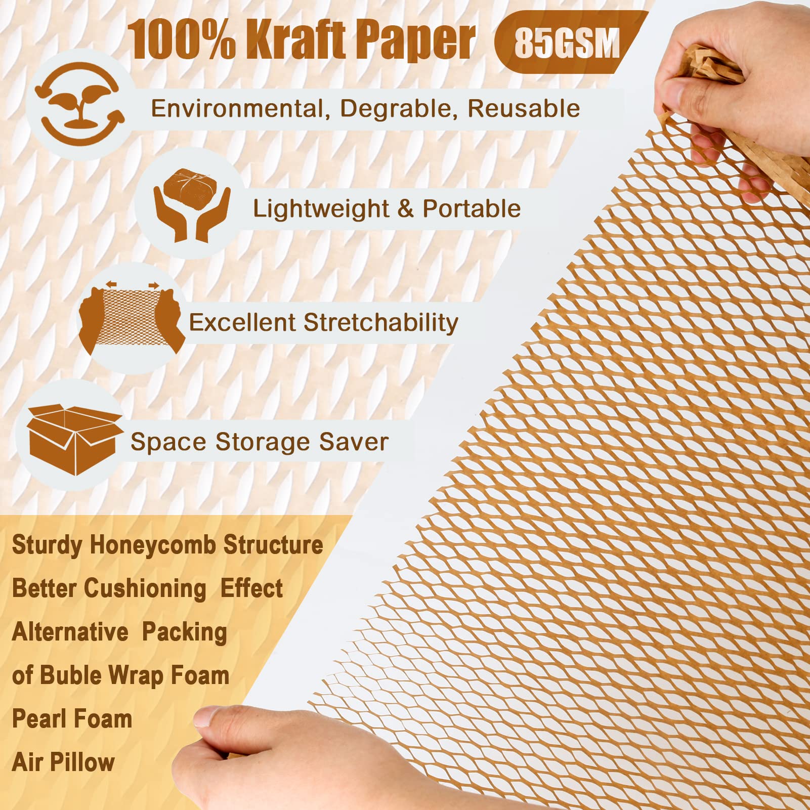 Honeycomb Packing Paper, 204' x 15" Recyclable Cushion Packing Paper for Moving Shipping Packaging Breakables, Eco Friendly Bubble Wrap Alternative Roll Kraft Honeycomb Paper with 20 Fragile Stickers