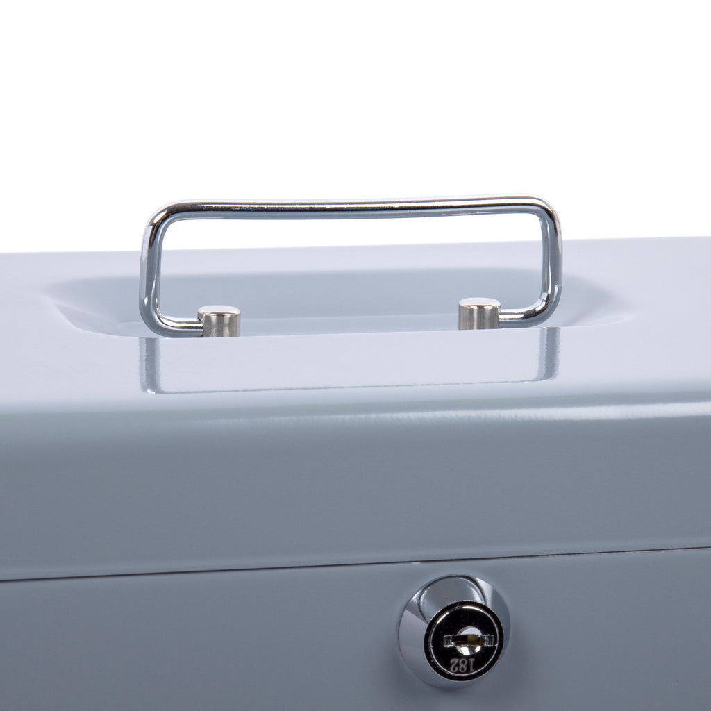Desk Tech Heavy-Duty Metal Cash Box with Lock, 8-Slot Removable Tray, Portable Safe Box for Office Desk, School, Small Business, and Yard Sale, 9.8” L x 6.9” W x 3” H, Gray