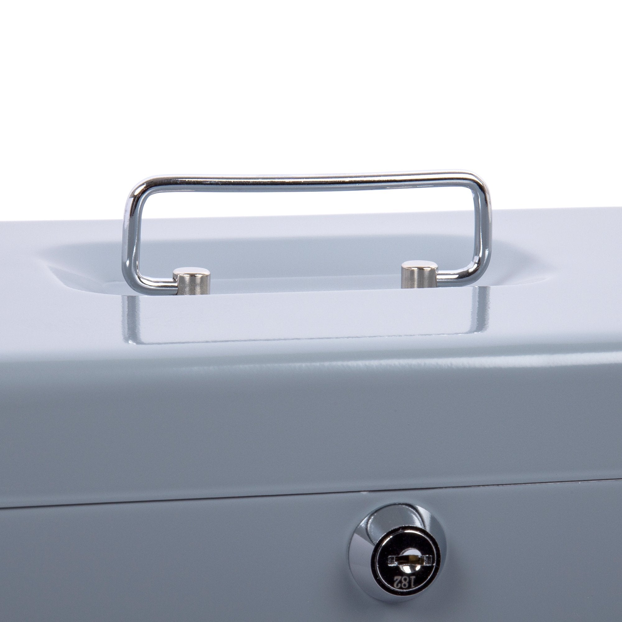 Desk Tech Heavy-Duty Metal Cash Box with Lock, 8-Slot Removable Tray, Portable Safe Box for Office Desk, School, Small Business, and Yard Sale, 9.8” L x 6.9” W x 3” H, Gray
