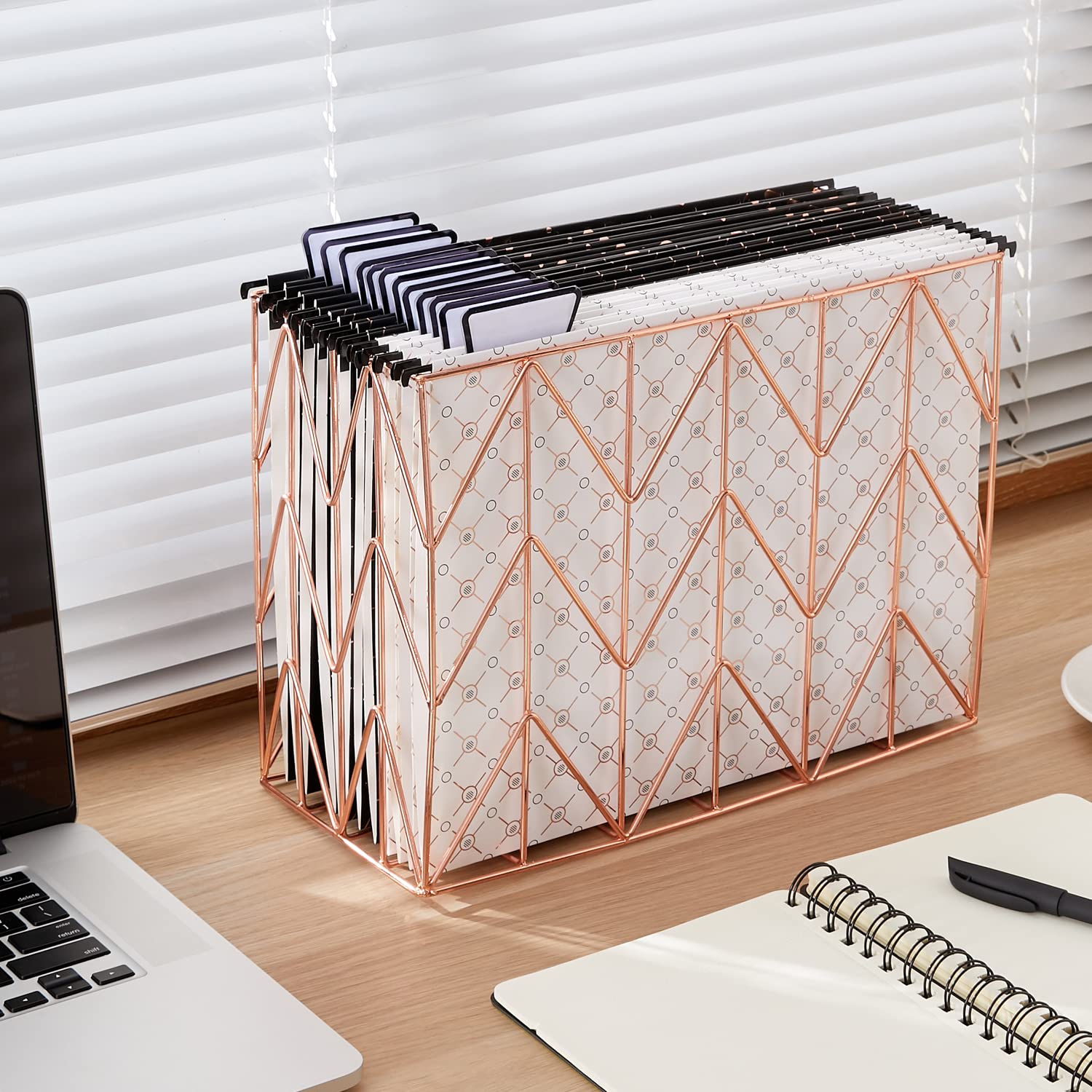 YOMA 12 Pack Decorative Hanging File Folders Letter Size Rose Gold File Folder Pretty Hanging Folder Organizer for Filing Cabinet Office Home with 1/5-Cut Adjustable Tabs, 3 Black Foil Design