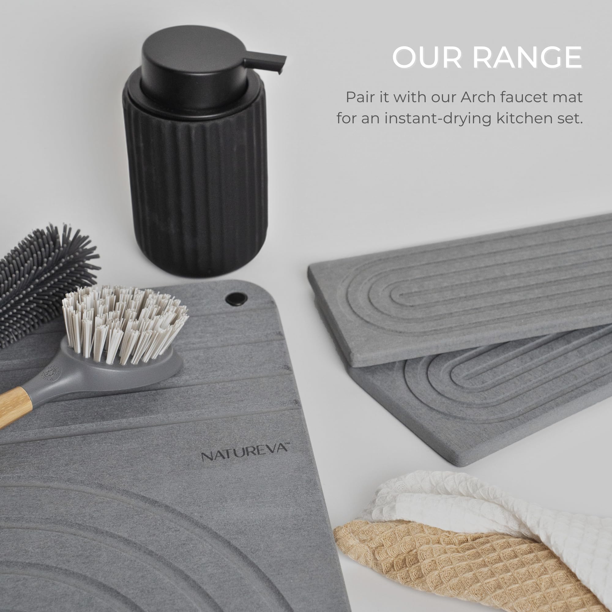 Natureva Stone Dish Drying Mat - Super Absorbent, Quick Dry Diatomite Mats for Kitchen Counter - Made of Natural Diatomaceous Earth Absorbing Water Instantly - Tide - Graphite