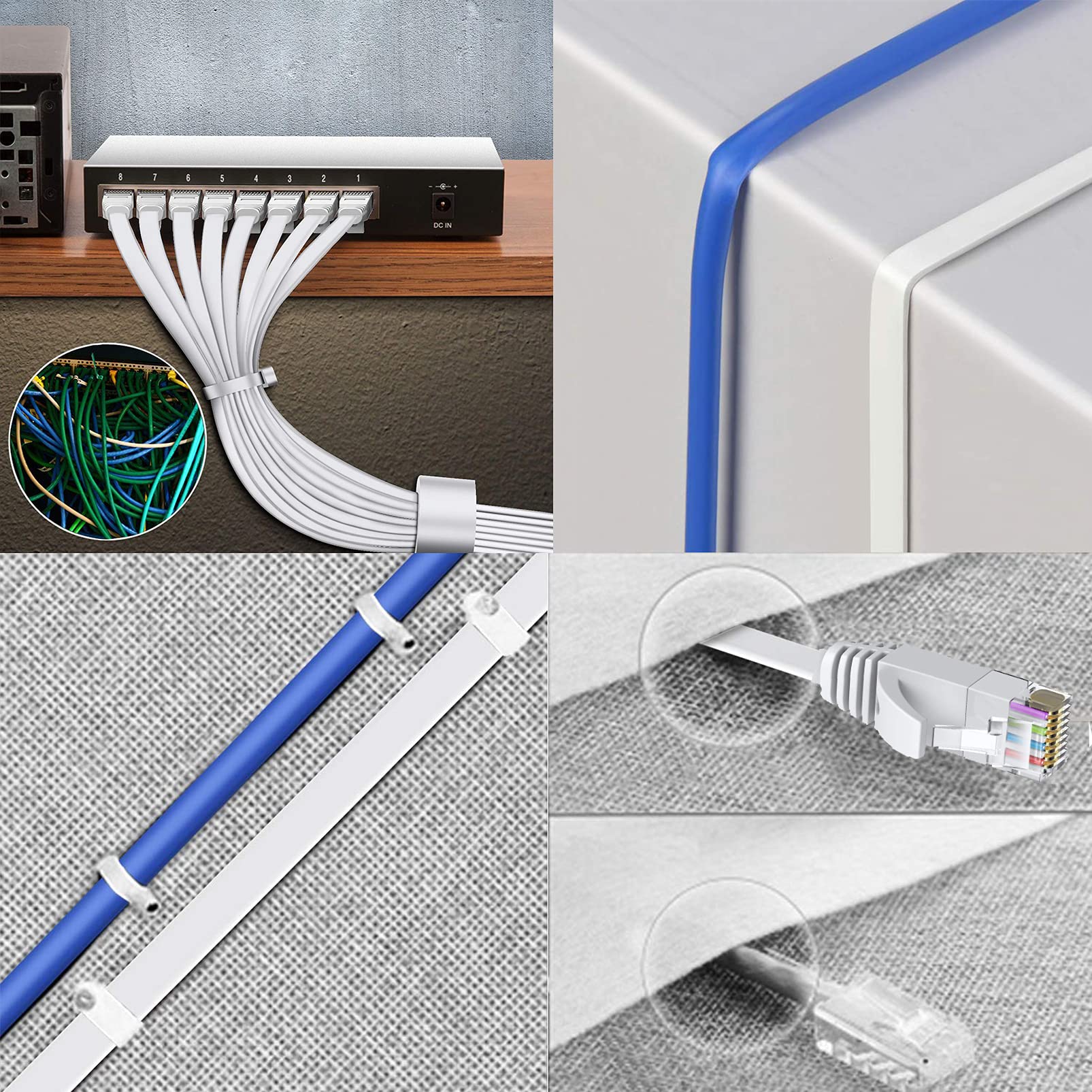 Cat6 Ethernet Cable 100 FT White, BUSOHE Cat-6 Flat Computer Internet LAN Network Ethernet Patch Cable Cord, RJ45 LAN Wire - 100 Feet