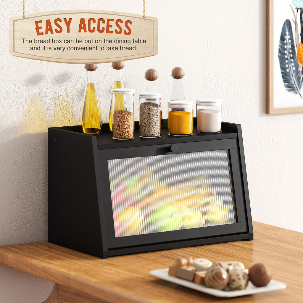 GHWIE Bread Box for Kitchen Counter, Countertop Storage Container with Window (Black)
