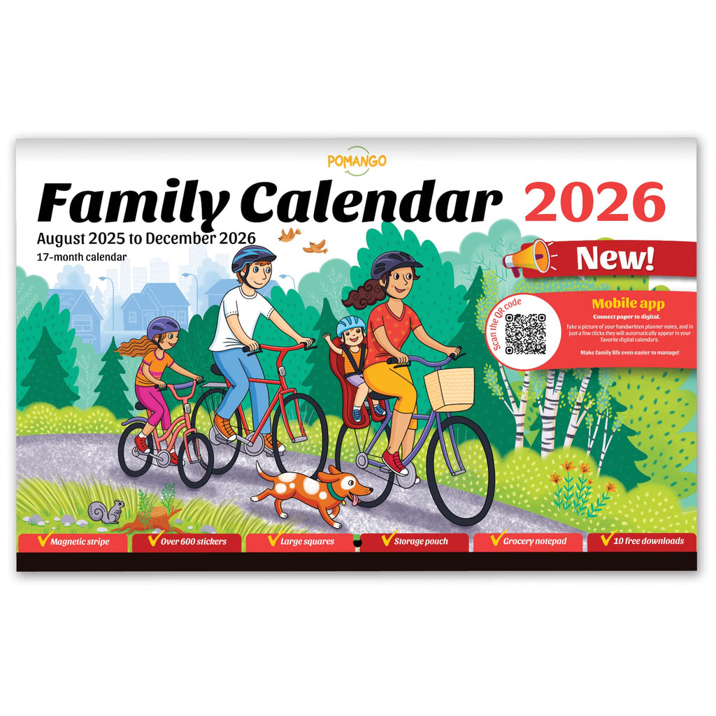 POMANGO 2026 Family Calendar English | 17 Months Family Planner: August 2025 to December 2026 | 15x19" - Magnetic Strip - 600 Stickers - Notepad - 2025-26 Edition with Mobile App