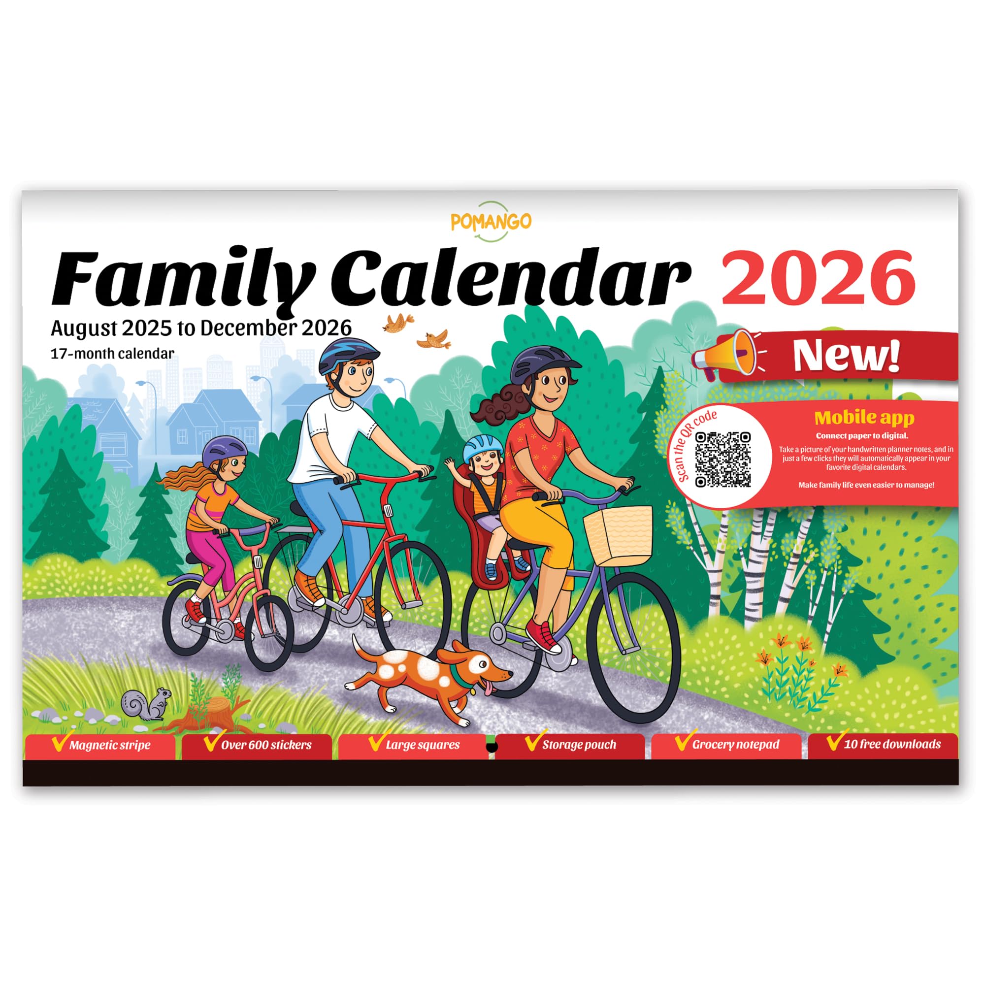 POMANGO 2026 Family Calendar English | 17 Months Family Planner: August 2025 to December 2026 | 15x19" - Magnetic Strip - 600 Stickers - Notepad - 2025-26 Edition with Mobile App