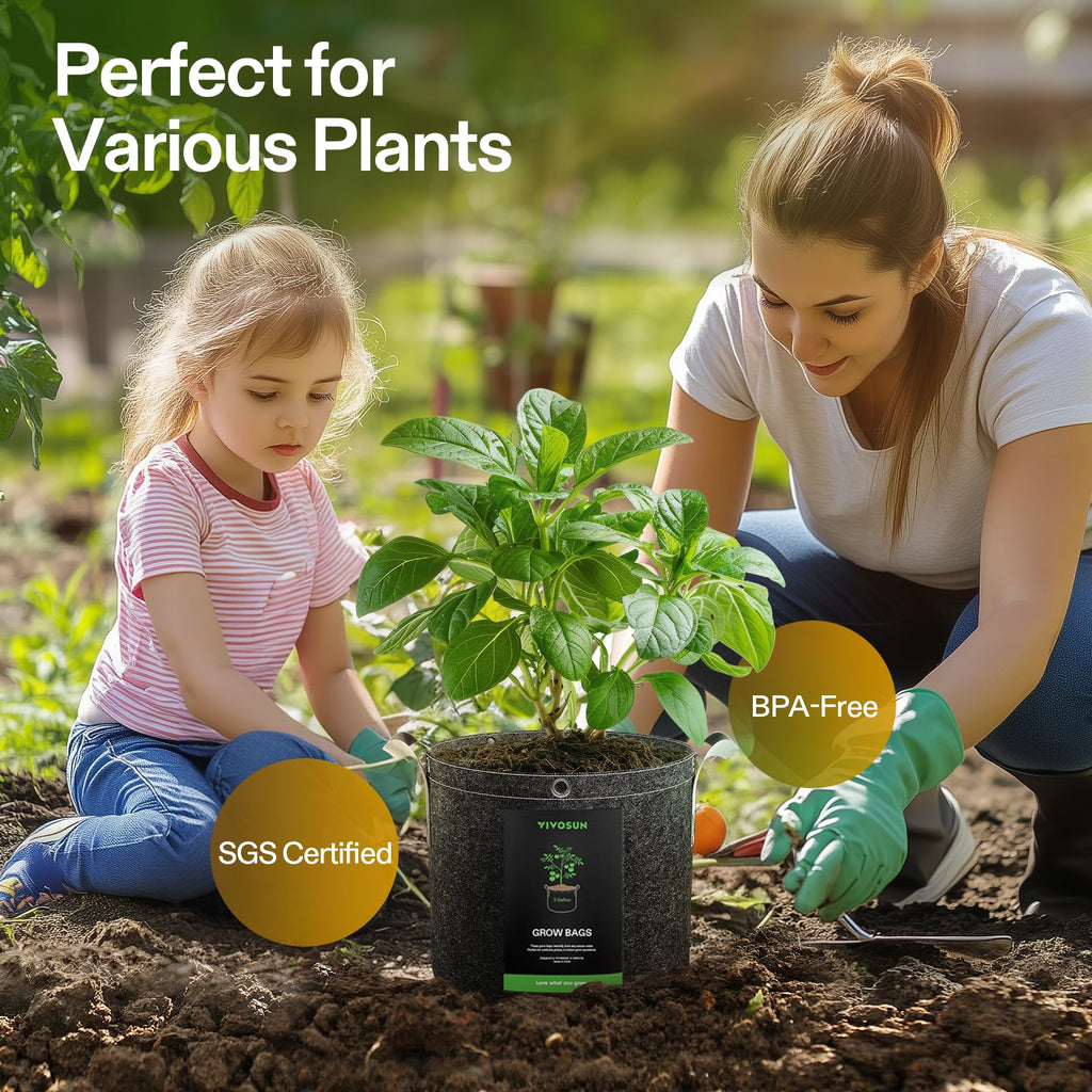 VIVOSUN 5-Pack 3 Gallon Grow Bags, 500G Thick Nonwoven Fabric Pots with Strap Handles, Multi-Purpose Rings, for Low Stress Plant Training Fruits, Vegetables, and Flowers