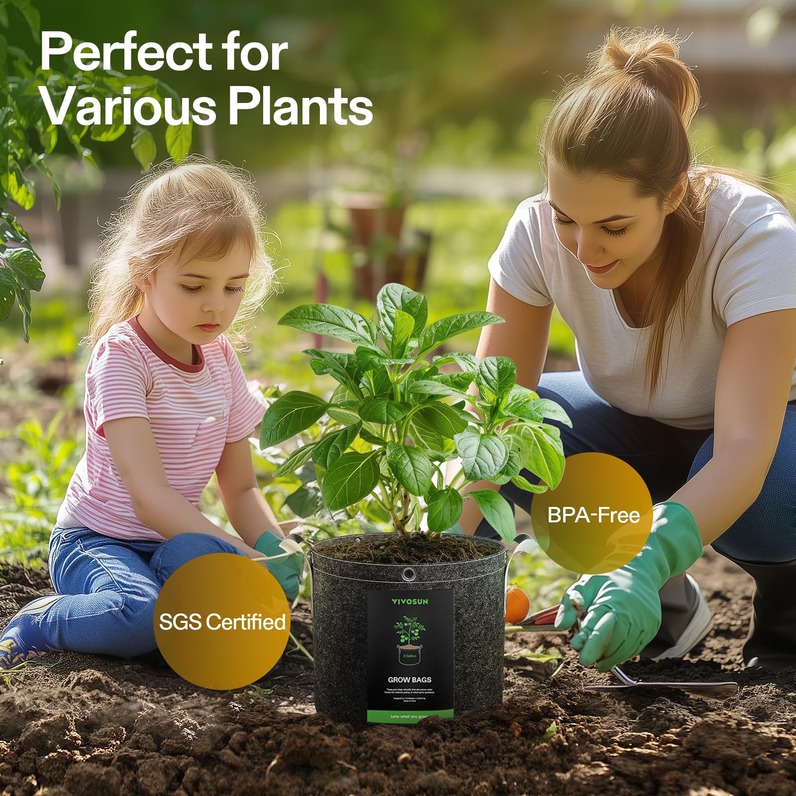 VIVOSUN 5-Pack 3 Gallon Grow Bags, 500G Thick Nonwoven Fabric Pots with Strap Handles, Multi-Purpose Rings, for Low Stress Plant Training Fruits, Vegetables, and Flowers