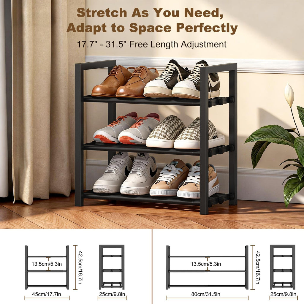 Roylvan 3-Tire Expandable Shoe Rack, 17"-31" Adjustable Stackable Free Standing Shoe Shelf Storage Fits 6-12 Pairs Shoes, Heavy Duty Reinforced Metal Shoes Organizer for Closet Entryway Doorway Dorm